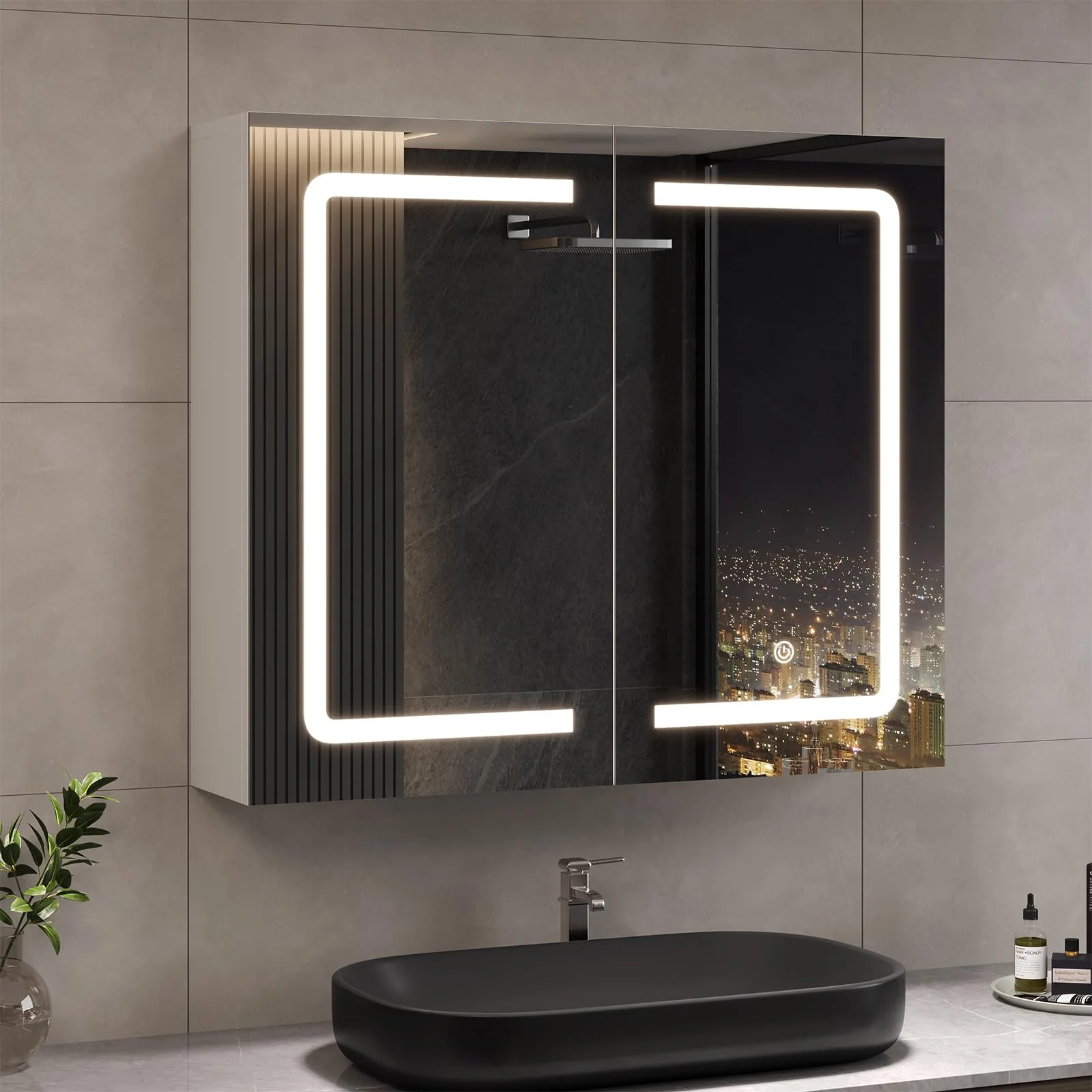 DICTAC Spiegelschrank Bad mit Beleuchtung und Steckdose Badezimmerschrank mit Spiegel und Verstellbarem Regal,Doppeltür Badspiegel,Hängeschrank,Badspiegel,3 Farbtemperatur dimmbare,70x16x60cm,Weiß