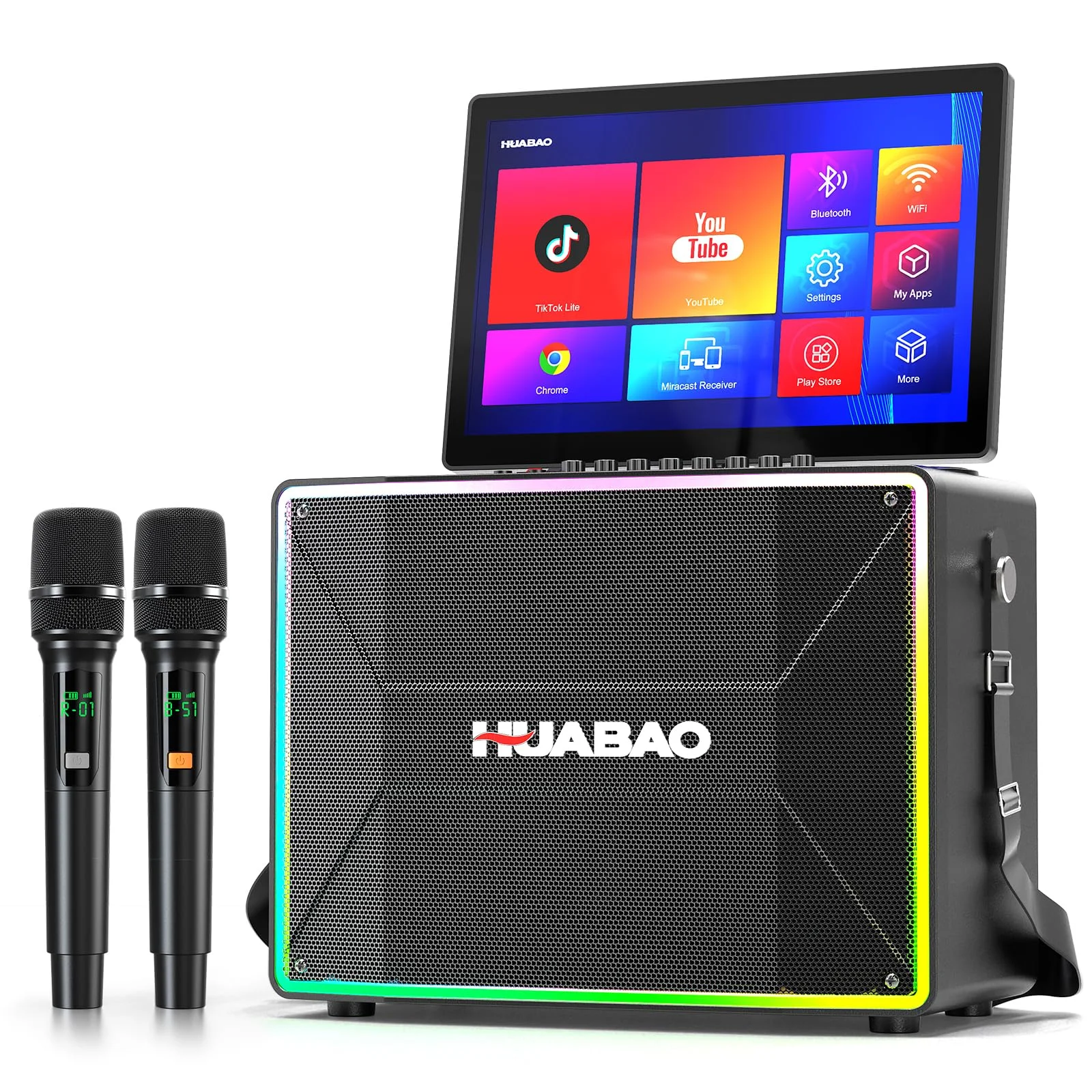 HUABAO Smart Karaoke-Maschine mit 14-Zoll-Tablet, Bildschirm und Liedtextanzeige, professionellem Karaoke-Lautsprecher, 2 drahtlosen Mikrofonen, Bluetooth-PA-System, WLAN, HDMI und LED-Leuchten