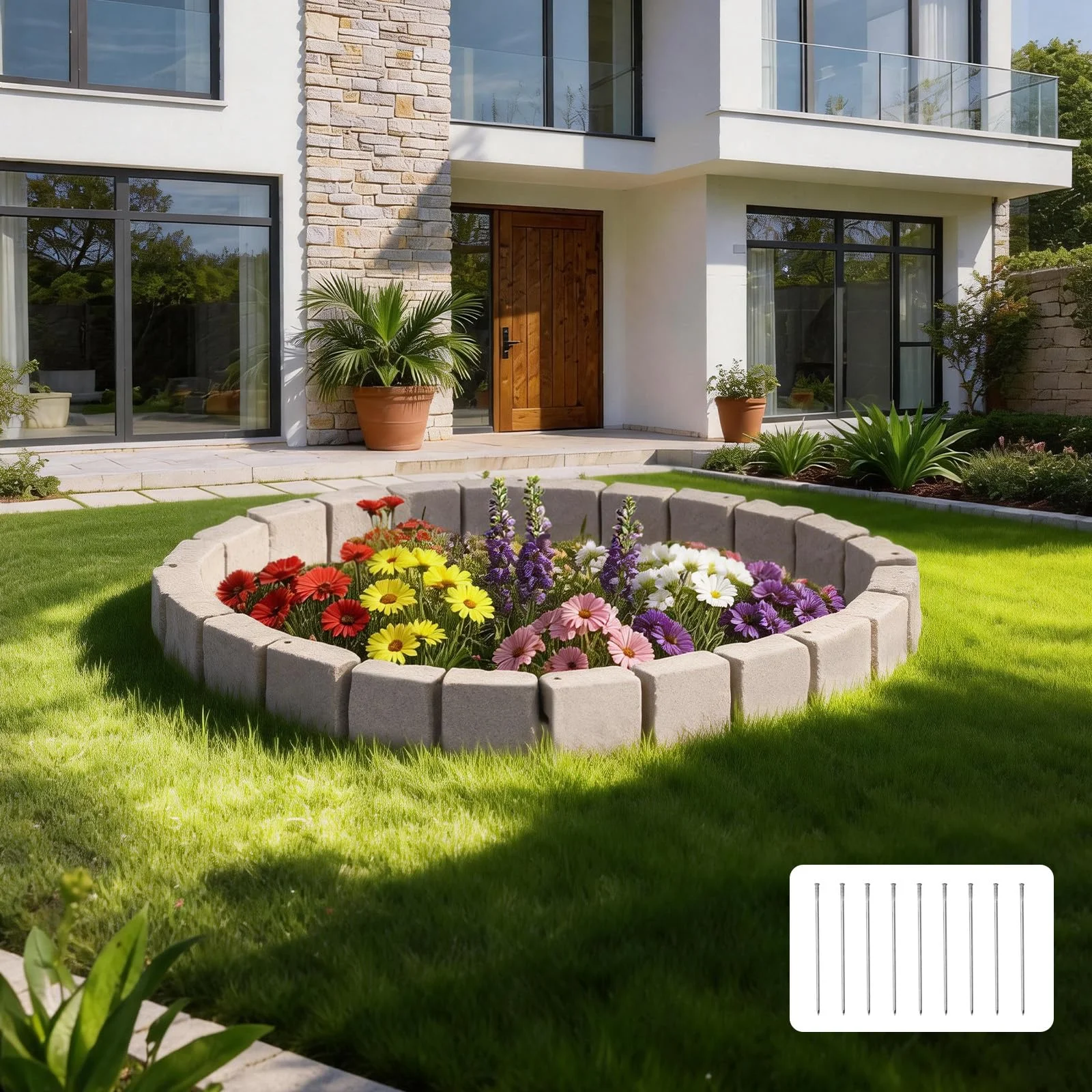 VEVOR Beeteinfassung in Steinoptik, 4,7 m Set, Rasenkante, Kanteneinfassung für Rasen, Blumenbeete & Garten, 4er-Pack (je 6 Steine ​​à 119x15,5x10 cm), 9 Befestigungsspitzen & Endkappe, Beige