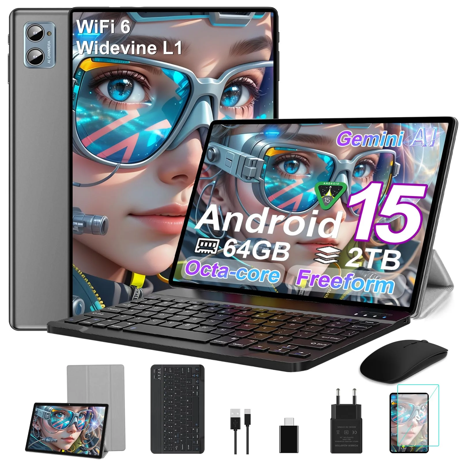 SUAAT 2026 Tablet 10 Zoll Android 15 Octa Core Tablet mit 64 GB ROM + 2 TB TF | 5G + 2,4G WiFi |GMS| Bluetooth 5.0 |8 MP + 5 MP | Typ C,Touchscreen-Tablet mit Hülle, Tastatur und Maus-Blau