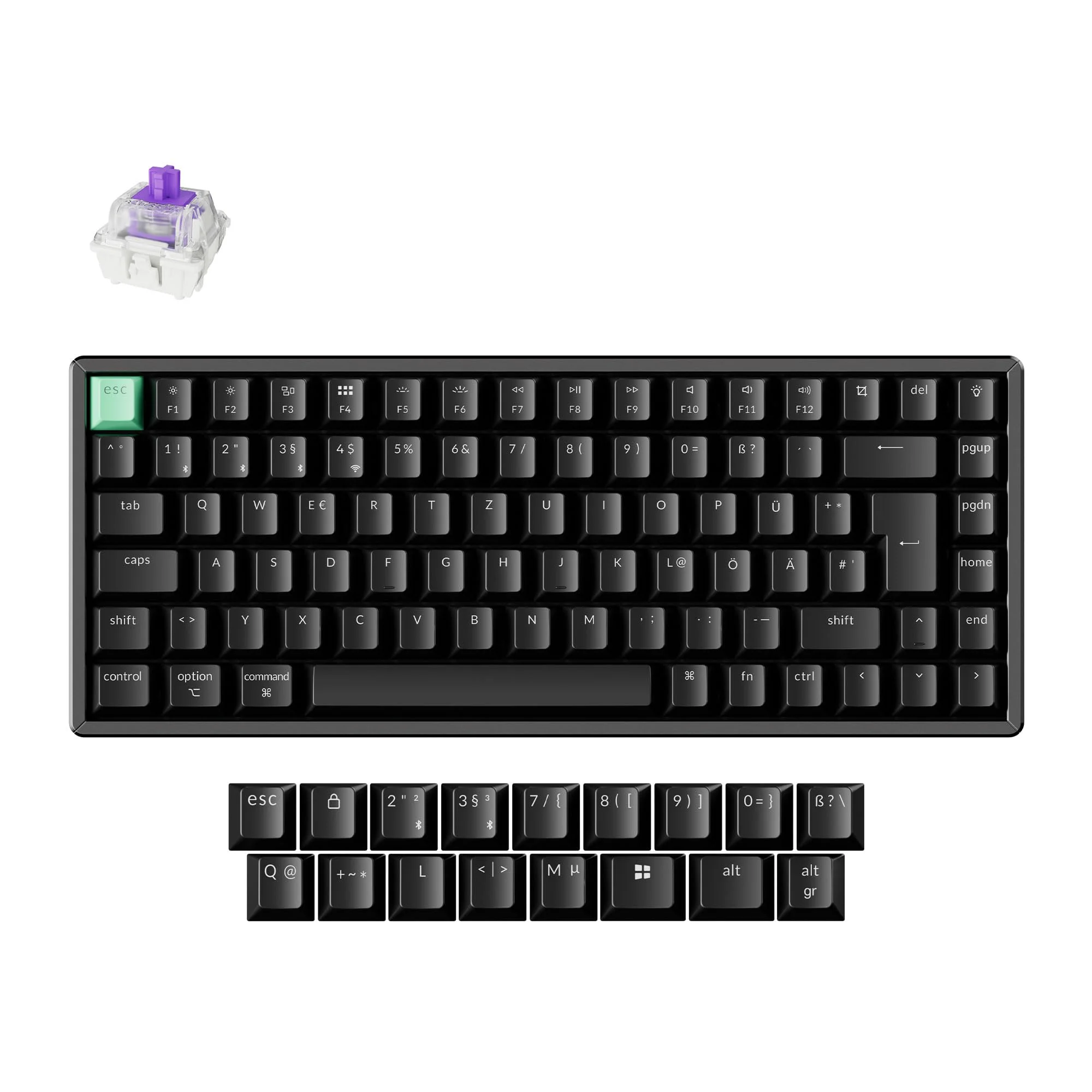 Keychron K2 HE Wireless-Tastatur, 75% DE-ISO-Layout, 2,4 GHz/Bluetooth 5.2, Gamer-Tastatur Magnetic Dual-Track Gateon Nebel für Mac/Windows, Standardversion – Schwarz