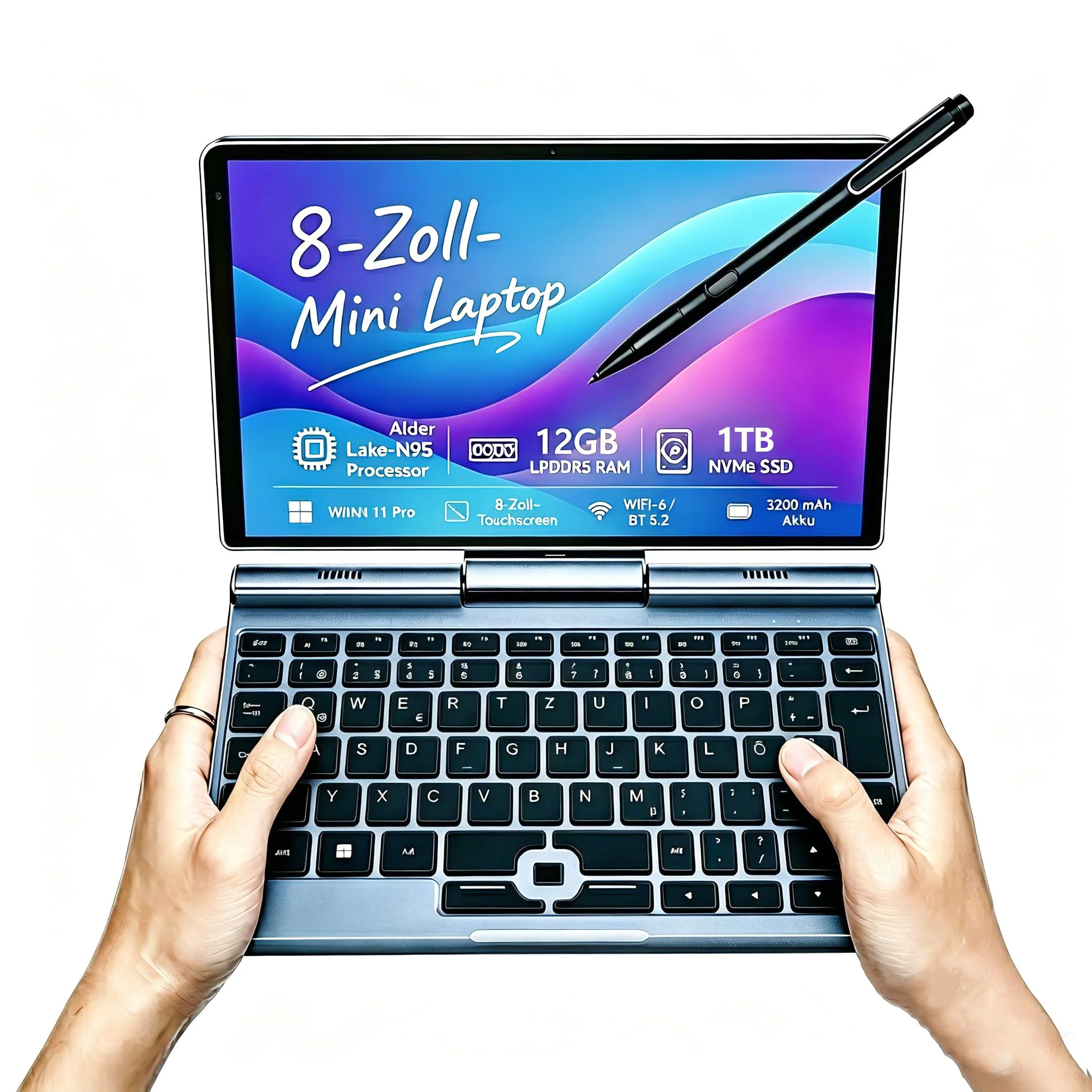 8-Zoll 2-in-1 Mini-Laptop mit QWERTZ-Tastatur, drehbarem HD-Touchscreen | Stiftunterstützung, Alder Lake-N95, 12GB RAM, 512GB SSD, Wi-Fi 6, BT 5.2, HDMI, Typ-C, 2MP Kamera