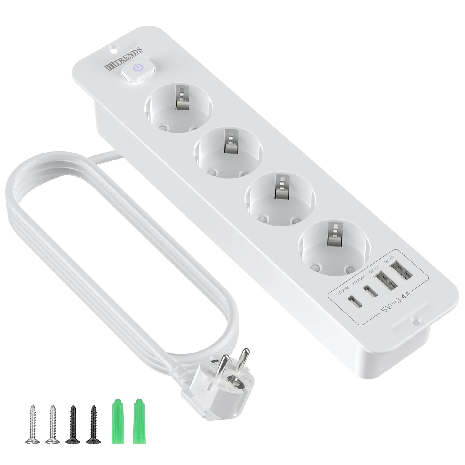 Versenkbare Steckdose 4 Fach, Einbau steckdosenleiste mit 2 USB, Einbausteckdose Mehrfachsteckdose, Tischsteckdose mit 2 USB C, Tischplatte Versenkte Steckdose - 2M Kabel Weiß