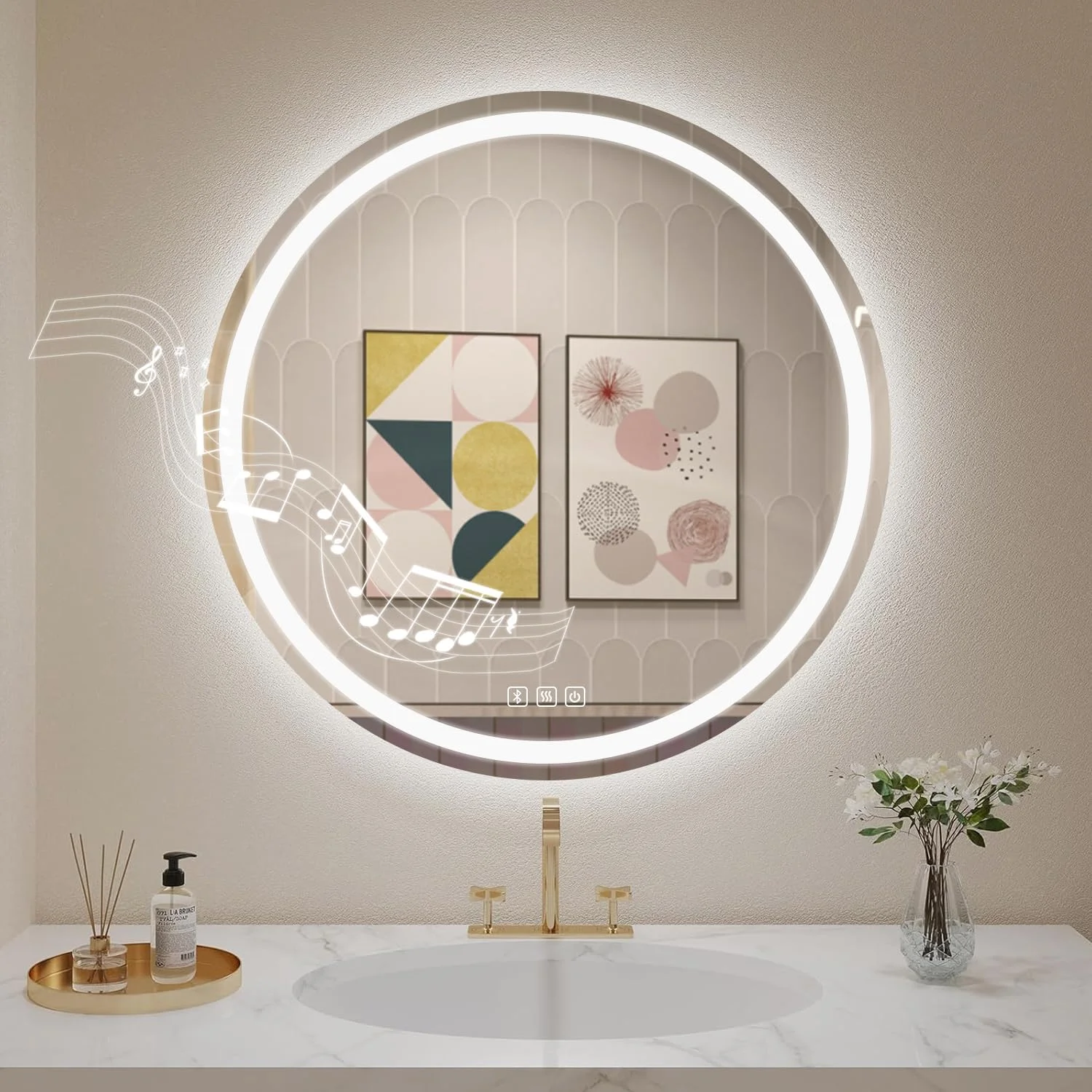Habison Badspiegel Mit Beleuchtung Rund 70cm, Badezimmerspiegel Mit Beleuchtung Bluetooth Spiegel, Antibeschlag, Touch Schalter, Dimmbar LED Badspiegel Mit Drei Farbtemperaturen Licht Spiegel LED