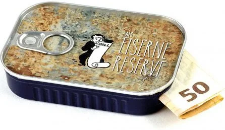 Geldgeschenke Verpackung Sardinendose "EISERNE RESERVE" Geld Geschenkverpackung für Geburtstag, Konfirmation, Jugendweihe, Umzug | inkl Aufkleber für individuelle Botschaft | made by Scherzboutique