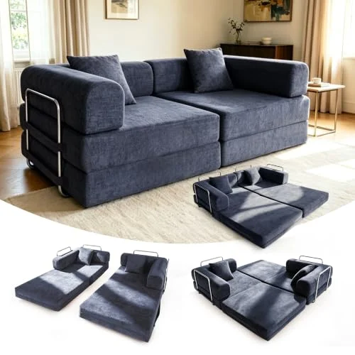 HELIORUSH Schlafsofa 150/200cm Breit, Boneless Couch mit Kuscheliger Chenille-Stoff, Modulares Bodensofa klappbar, Waschbarer Bezug, Metallrahmen & 2 Kissen