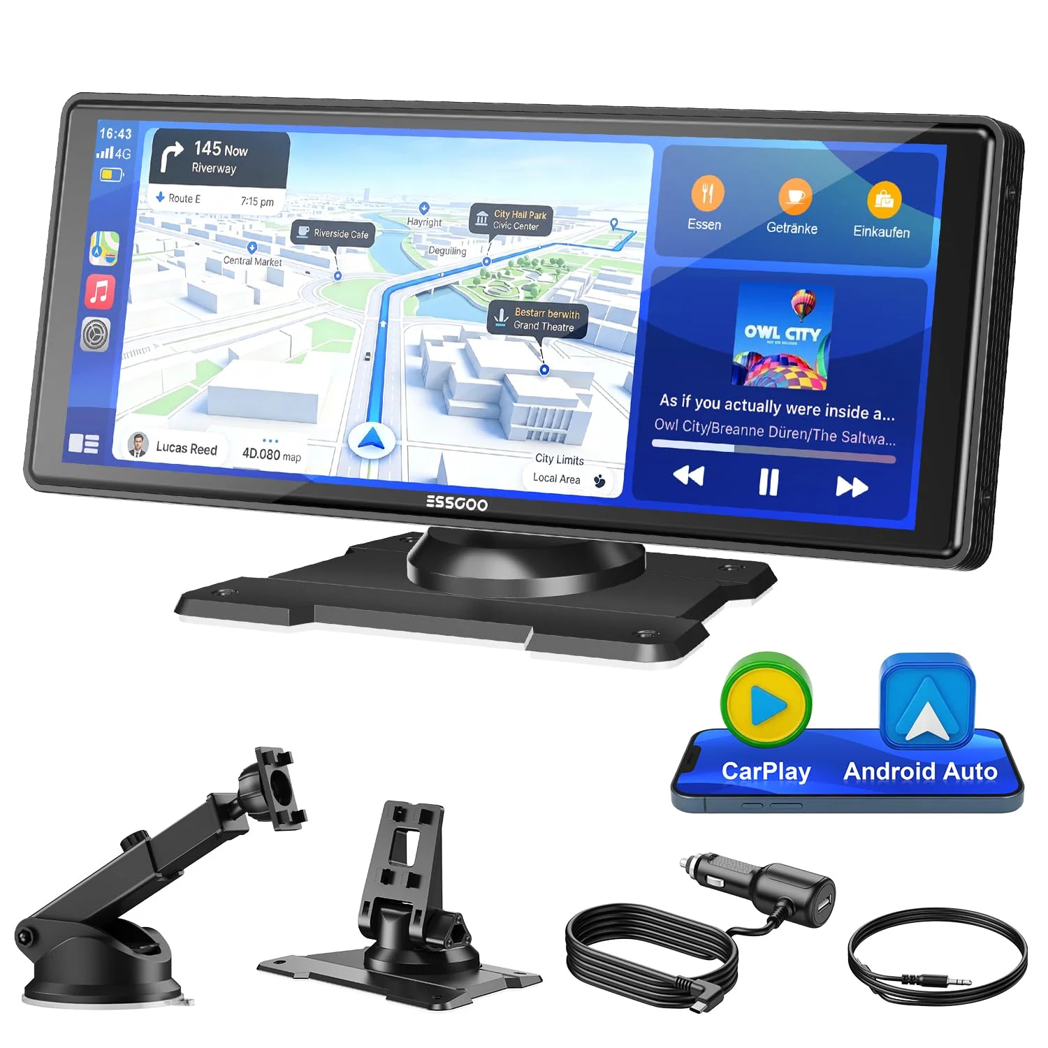 ESSGOO 10.26 Zoll CarPlay Android Auto Display,Apple CarPlay Bildschirm | für AirPlay/Mirror Link,Car Multimedia Player mit Wireless Touchscreen,GPS Navigation,Bluetooth5.3,Sprachassistent,Autoradio