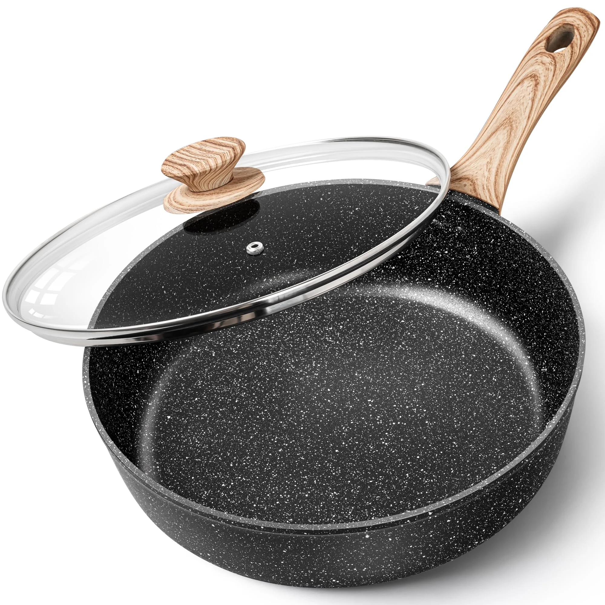 MICHELANGELO Hochrandpfanne mit Deckel 28 cm, Schwarz | Tiefe Granit-Antihaftpfanne, Induktion, Hoher Rand 7,5 cm, PFOA-frei, Glasdeckel mit Holzoptik-Griff