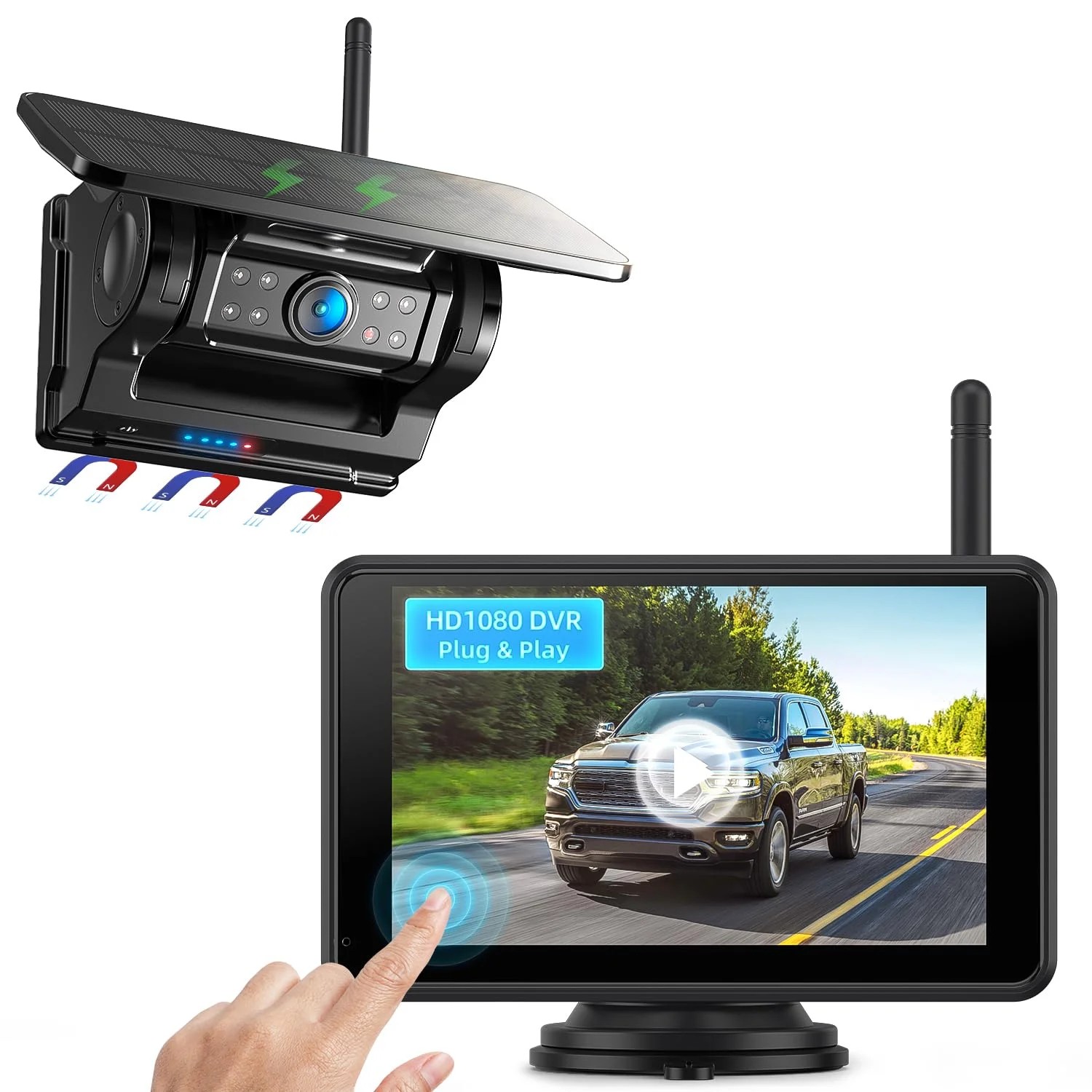eRapta Magnetisch Solar Rückfahrkamera Kabellos mit 5" 1080P Monitor | Touchscreen, 9600mAh Akku, 1 Min DIY Installation, IP69K Wasserdicht Rückfahrkameras für Wohnmobil Wohnwagen Anhänger LKW
