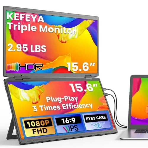 Laptop Bildschirm Erweiterung 15,6", FHD HDR Triple Monitors, IPS Ultradünn Niedriges Blaulicht Laptop Monitor Erweiterung für 12-17,3" Laptops, HDMI/USB-C Plug-Play für Mac Windows Switch Xbox PS4/5