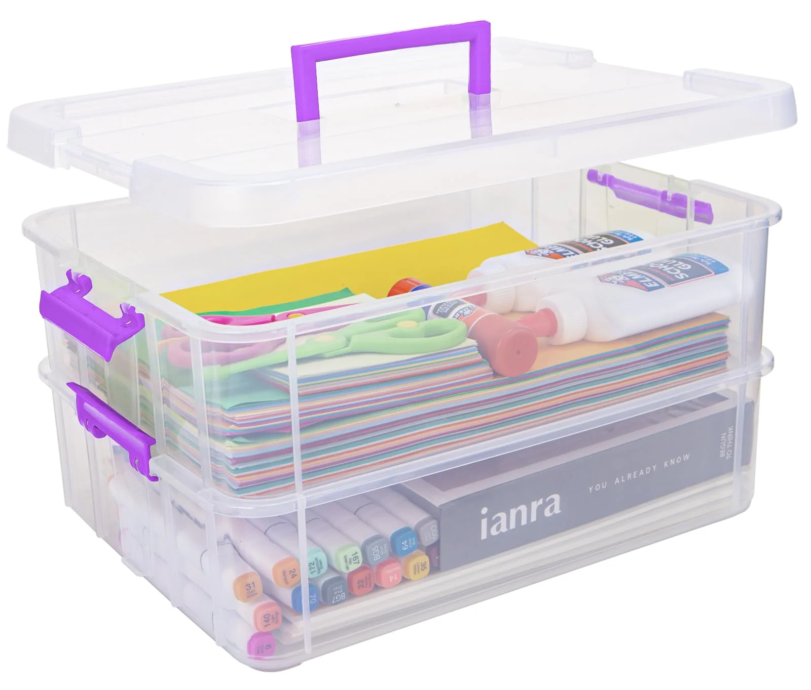 Creahaus 2-lagige Kunststoff-Aufbewahrungsbehälter mit Deckeln, Mehrzweck-Aufbewahrungsbox zum transparenten Stapeln und Tragen, tragbare Bastel-Organizer und Aufbewahrungsbehälter für die