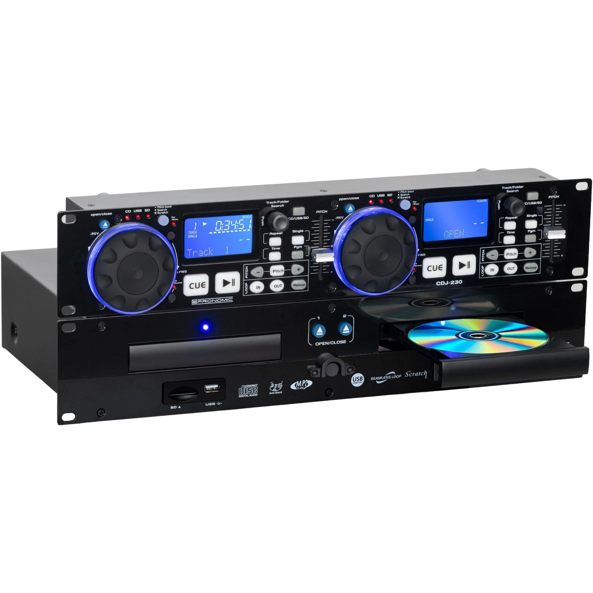 Pronomic CDJ-230 Doppel DJ CD Player mit USB & SD, Anti-Shock-System | USB-Sticks direkt anschließbar, Für SD/MMC-Cards bis 32 GB, Seamless Loop / Reloop, ID3-Tag Unterstützung (Titelanzeige)