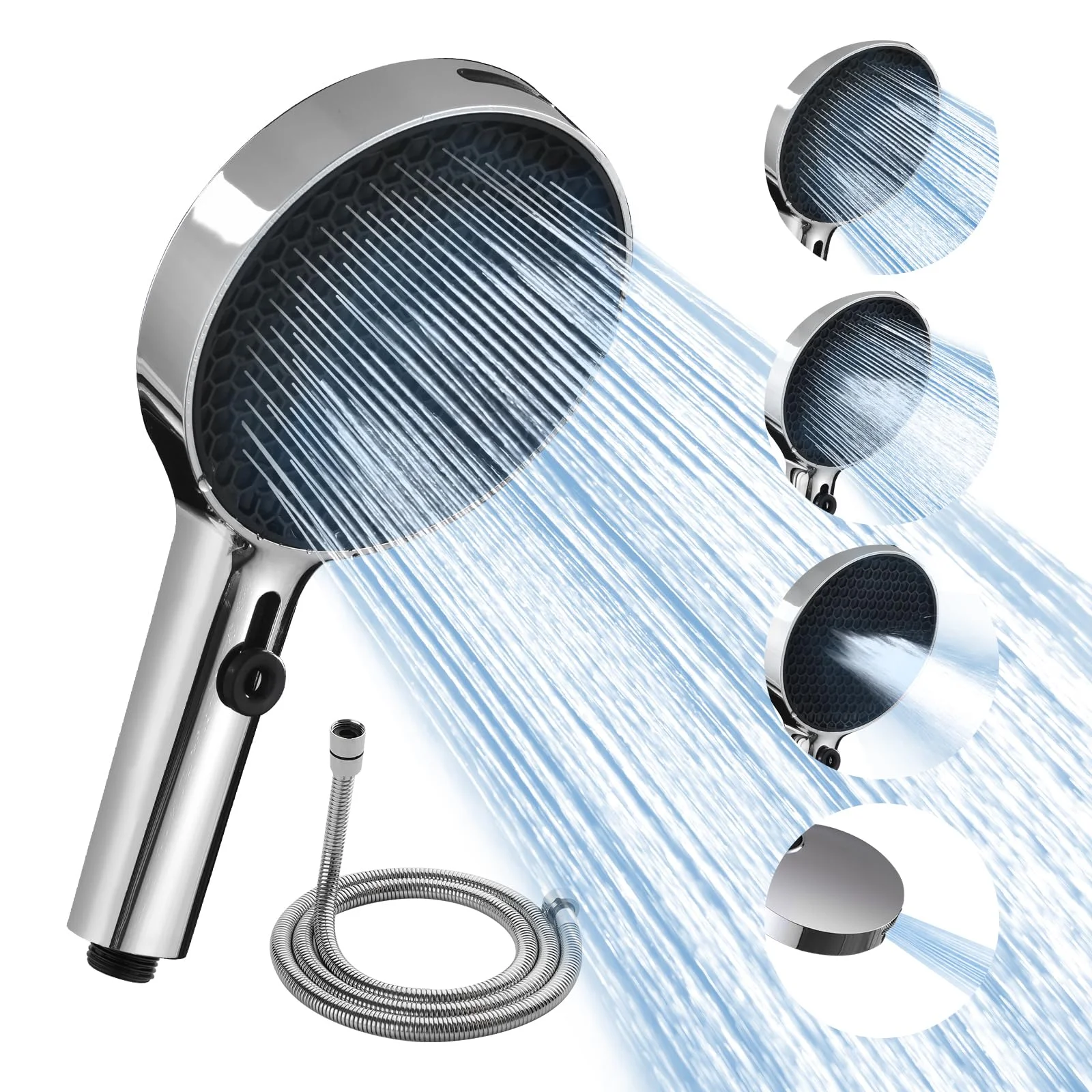 BECMai Duschkopf Groß Hochdruck XXL mit Schlauch Regenduschkopf mit 3+1 Strahlarten, 130mm Gross Handbrause Duschkopf Wassersparende Brausekopf Dusche Shower Head mit Silikondüsen Abnehmbare Paneele