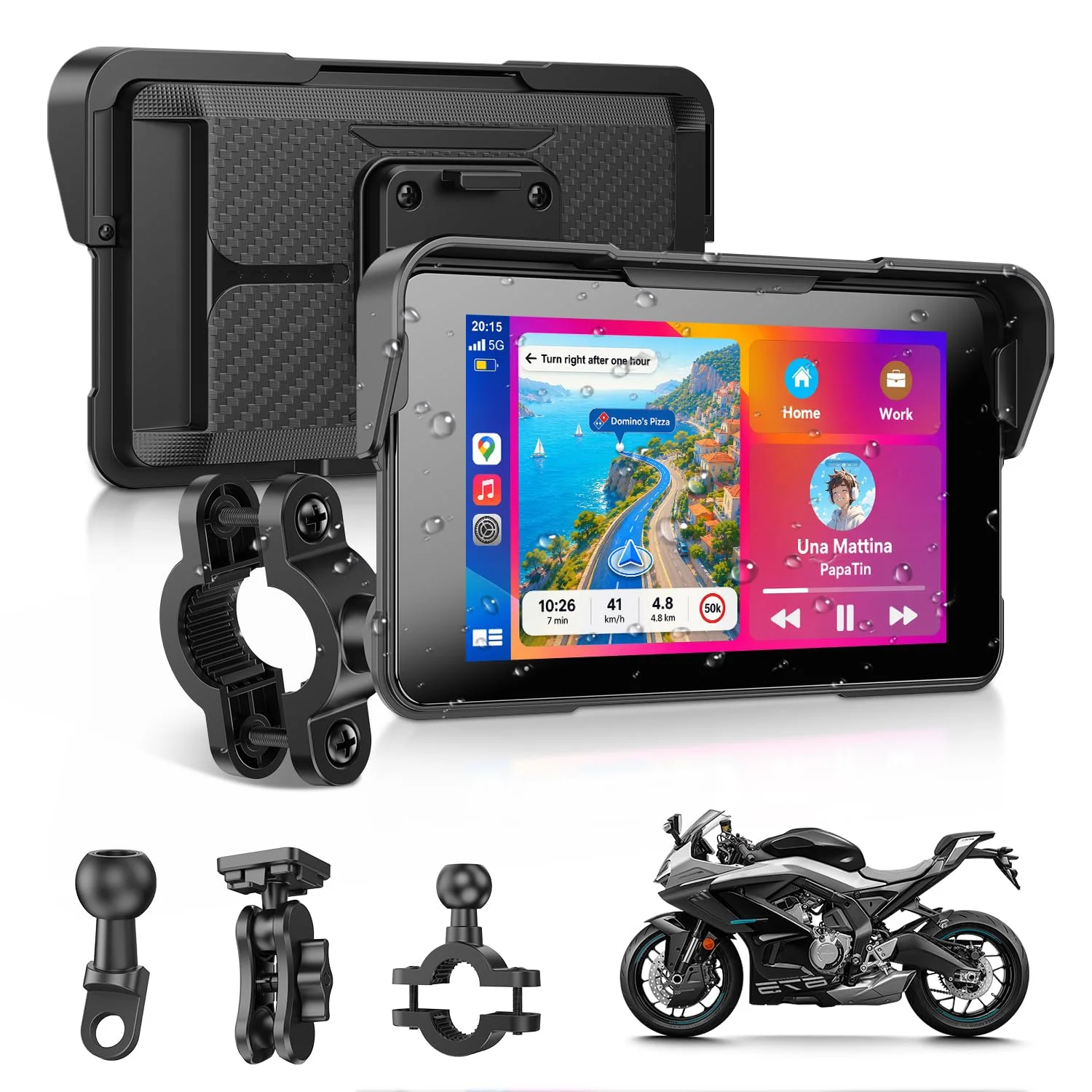 ESSGOO 5 Zoll Motorrad Carplay Display,Kabelloses Motorrad Navigationsgerät | mit Apple CarPlay & Android Auto,IP67 Wasserdicht,Dual Bluetooth 5.3,GPS Navigation,Sprachassistent,Acc Stromversorgung