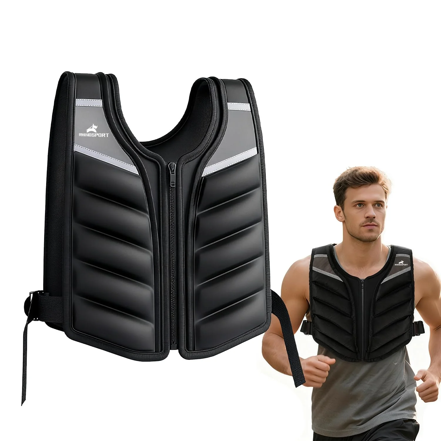 RHINOSPORT Gewichtsweste 4,5 kg 6,8kg 9,1kg für Damen & Herren - Premium Fitness Weste mit reflektierenden Streifen & Armbandtasche für Krafttraining, Gewichtsverlust, Heim/Gym Workouts