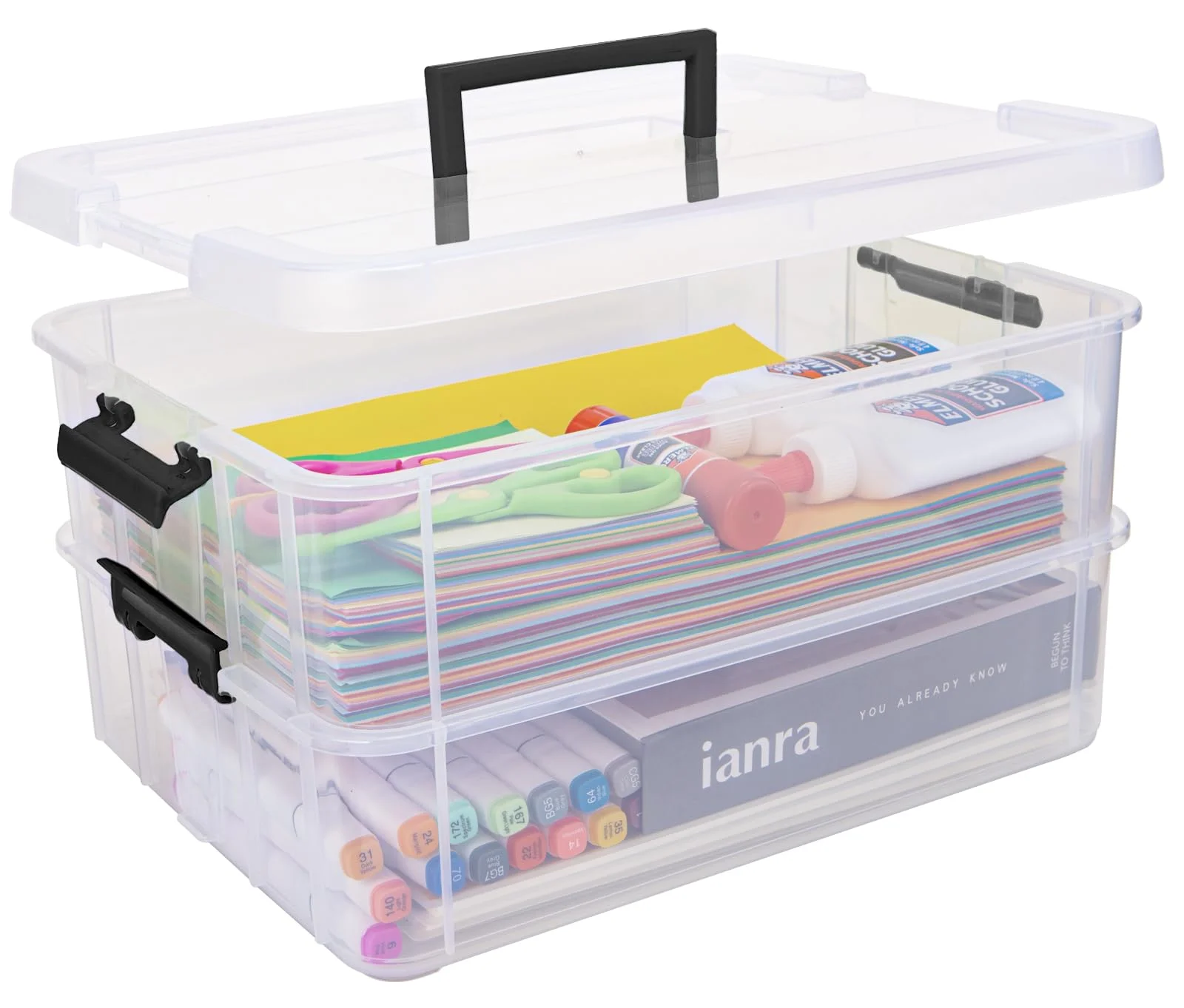 Creahaus Aufbewahrungsboxen aus Kunststoff mit 2 Schichten und Deckeln, transparente Transport- und Stapelboxen, tragbare Organizer und Aufbewahrungsbehälter zur Organisation von Bastelarbeiten,