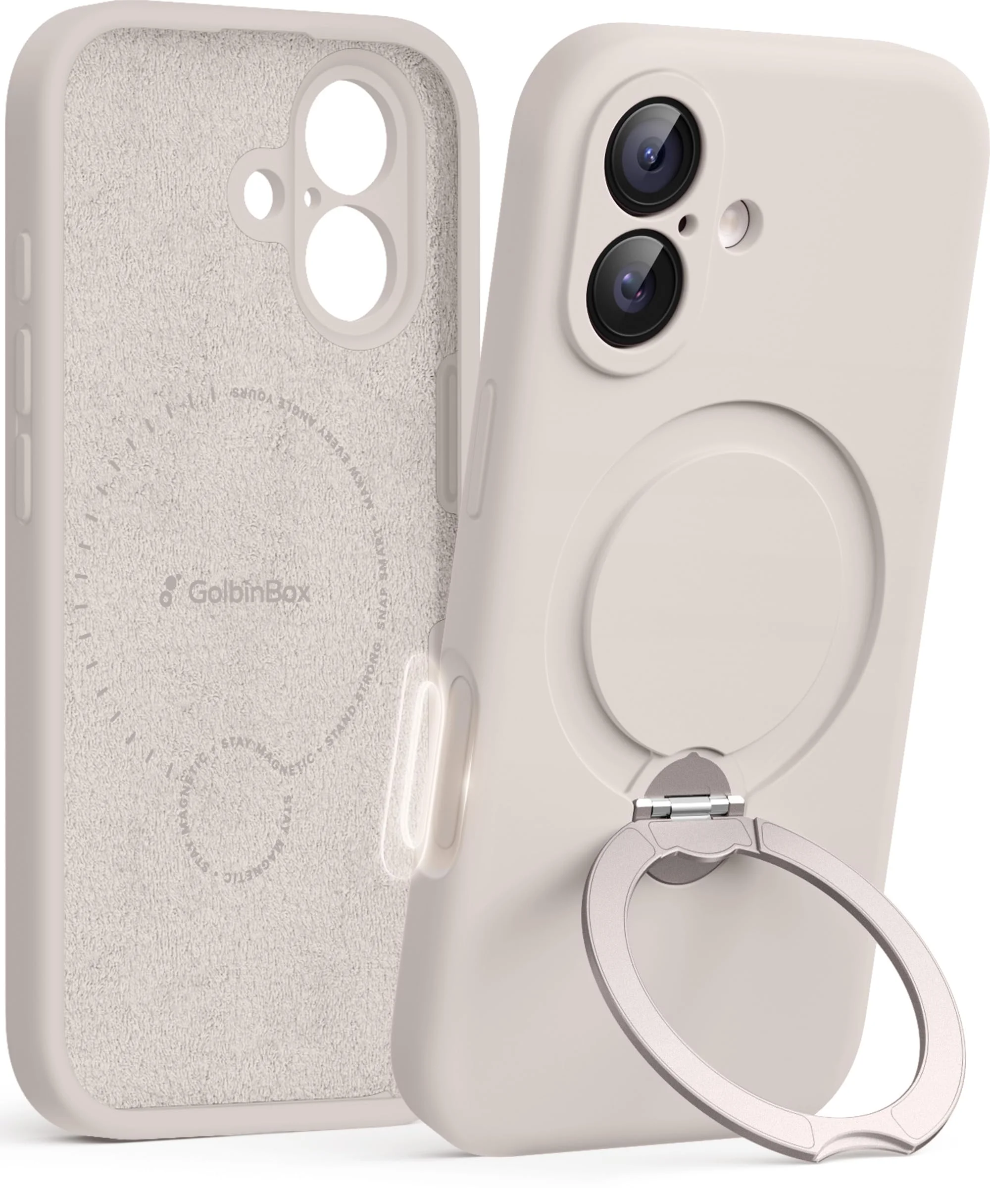 GOLBINBOX für iPhone 17 Hülle mit 360° drehbarem Magnetständer[kompatibel mit MagSafe][Vollständiger Kameraschutz] Ganzkörper-stoßfeste Flüssigsilikon-Hülle mit Ringständer für iPhone 17 6,3'', Stein