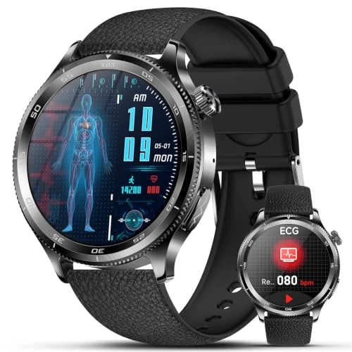 Lgnitek AI-GPT Smartwatch Herren mit EKG/HRV/Blutdruck/BMI | 1.43" Gesundheitsuhr mit 24H Pulsuhr SpO2 Körpertemperatur Harnsäure, SOS-Notruf, 150+ Sportmodi Fitnessuhr für iOS/Android