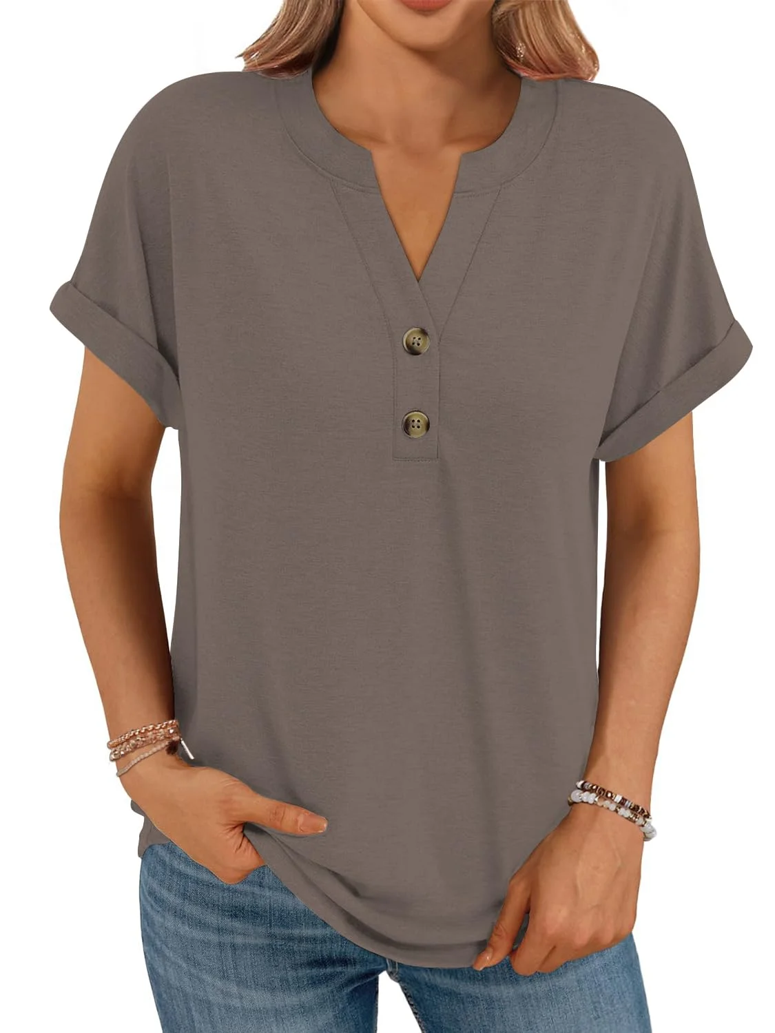 Cuptacc Tshirt Damen V-Ausschnitt Mit Knopfleiste Oversize T-Shirt Kurzarm Oberteile Damen Locker