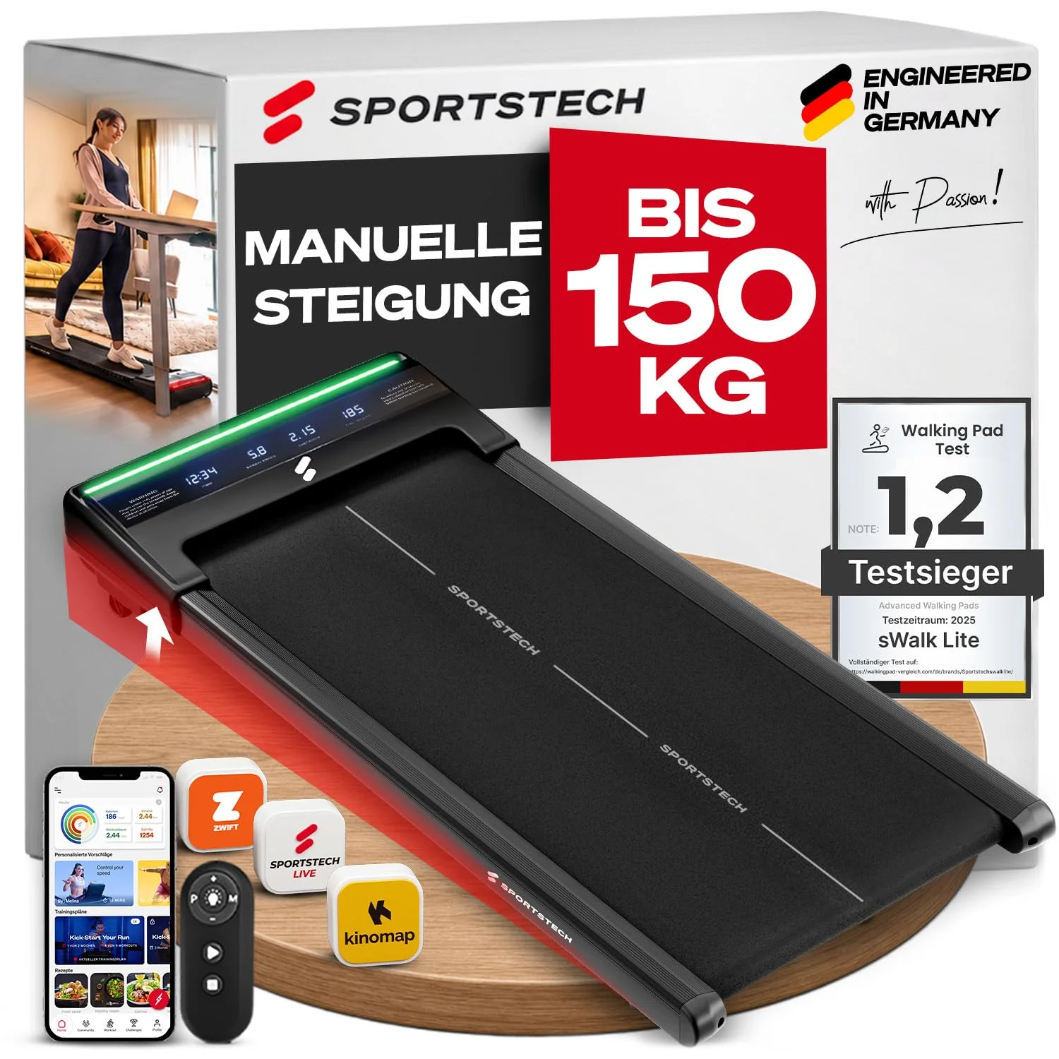 Sportstech sWalk Lite Walking Pad Laufband für Zuhause & Schreibtisch, mit Steigung 6%, bis 6 km/h, LED-Anzeige, App-Steuerung, Fernbedienung, leise, flach & kompakt, für Home Office, bis 150 kg