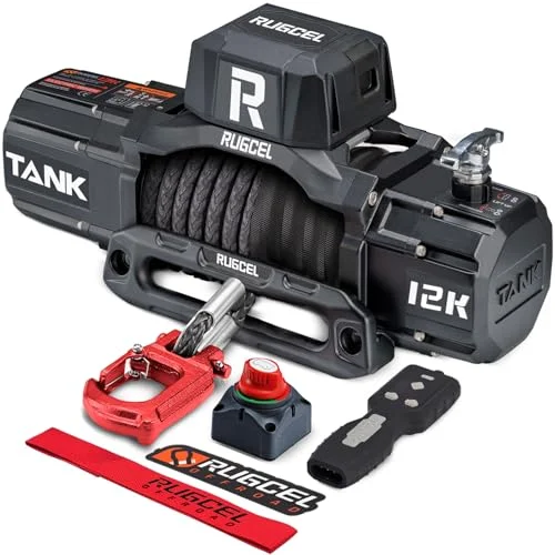 RUGCEL WINCH Elektrische Seilwinde 5443 kg (12000 lbs), 12V DC, IP67 Wasserdicht, Synthetikseil Schwarz, Hawse Fairlead, 2-in-1 Infrarot-Fernbedienung, für LKW SUV Off-Road | Wasserdichtes schwarzes synthetisches Seil, Hawse Fairlead 2-in-1 Infrarot + Kabelfernbedienung für LKW & SUV Offroad