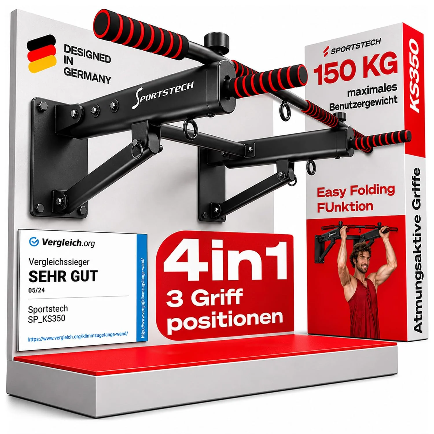 Sportstech KS350 4in1 Klimmzugstange Wand klappbar mit Schwerlastdübeln bis 200kg | Pull Up Bar Wandmontage Zuhause | 3 Griffpositionen Schaumstoffgriff | 3 Ösen Boxsack Schlingentrainer Turnringe