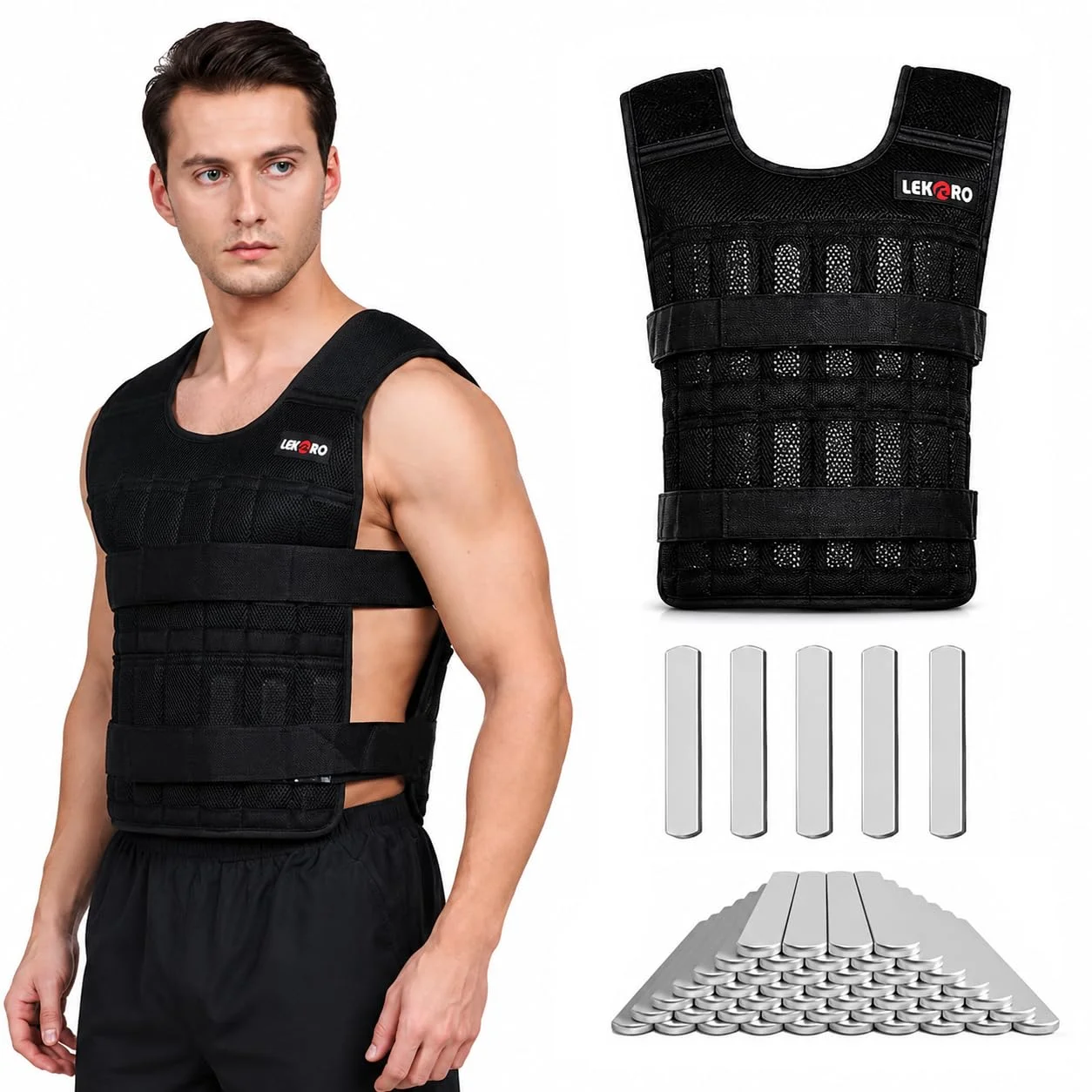 Verstellbare Gewichtsweste, 20 kg, Workout, Gewichtsweste, Training, Fitness, Gewichtsjacke für Männer und Frauen (inklusive 96 Stahlplatten Gewichte)