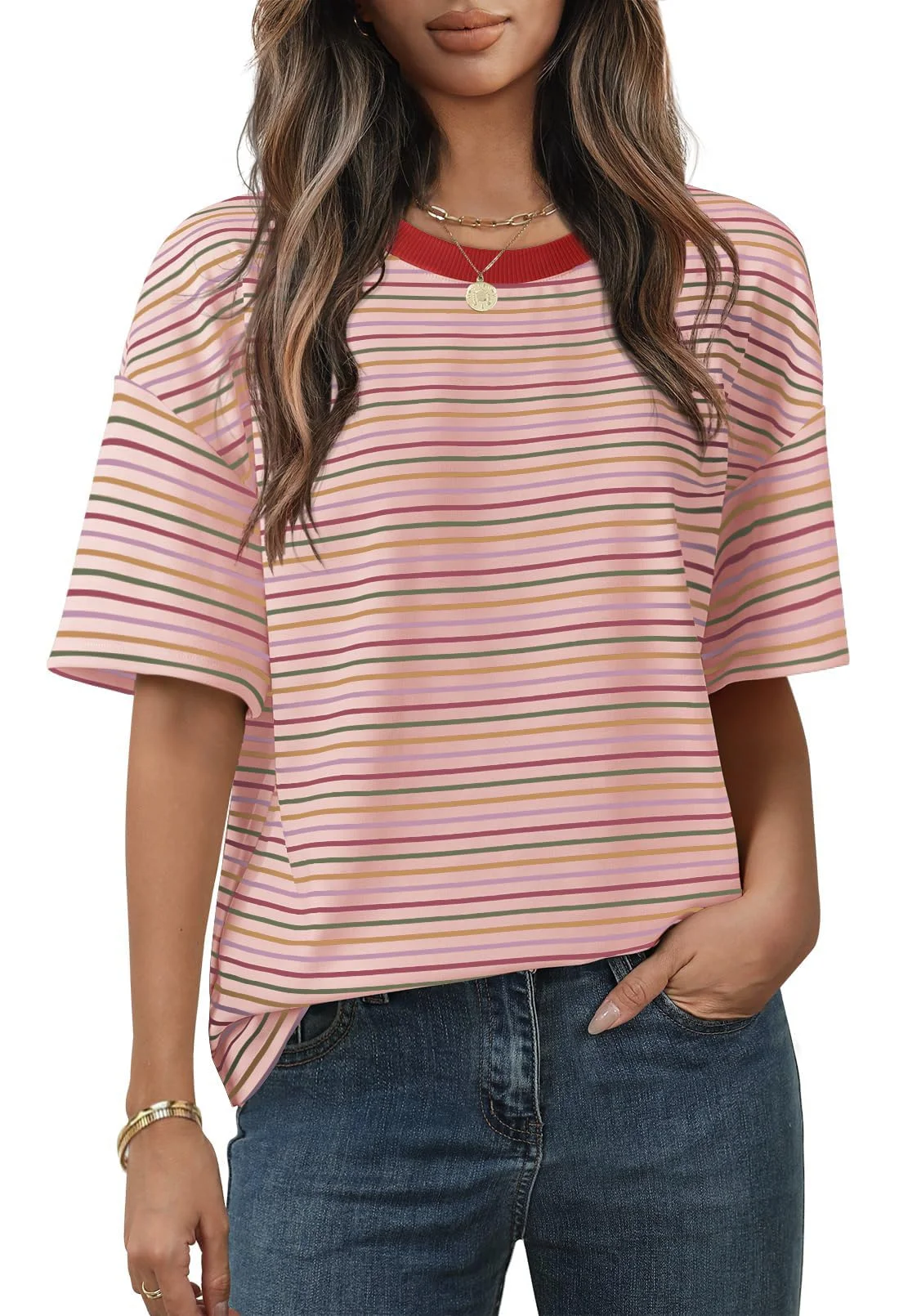 Cuptacc Tshirt Damen Rundhals Gestreiftes Casual Oversize Kurzarm Top | Rundhalsausschnitt,Halbarm,Gestreiftes,Casual,Lockere Passform,Überschnittene Schultern,Stretch,Hautfreundliches,Mode