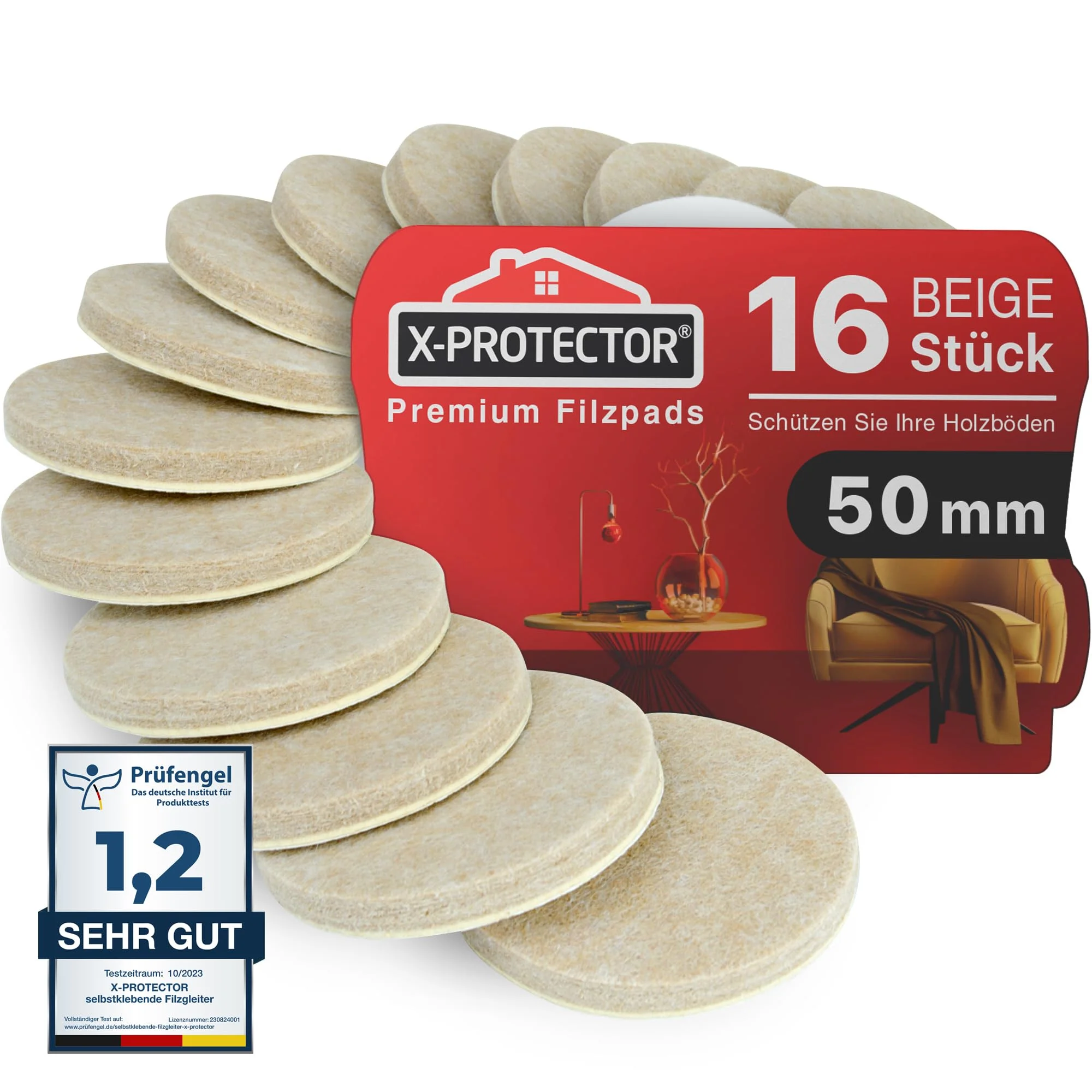 X-Protector Filzgleiter 16 Stück 50 mm - Prämie Möbelgleiter Beige | Filz Selbstklebend - Bodenschoner für Stühle - Große Menge an Filzgleiter Selbstklebend - Schützen Sie Ihre Holzfußböden
