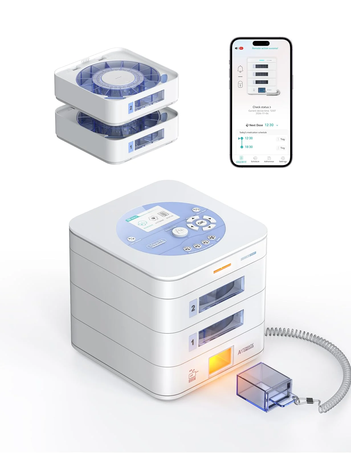 IDEERFIT Intelligente Tablettenbox App LCD 28 Tage 2 Fächer | App und LCD, digitales Schloss, Licht- und Tonalarm, 2 Fächer, 28 Tage Vorrat, für Senioren