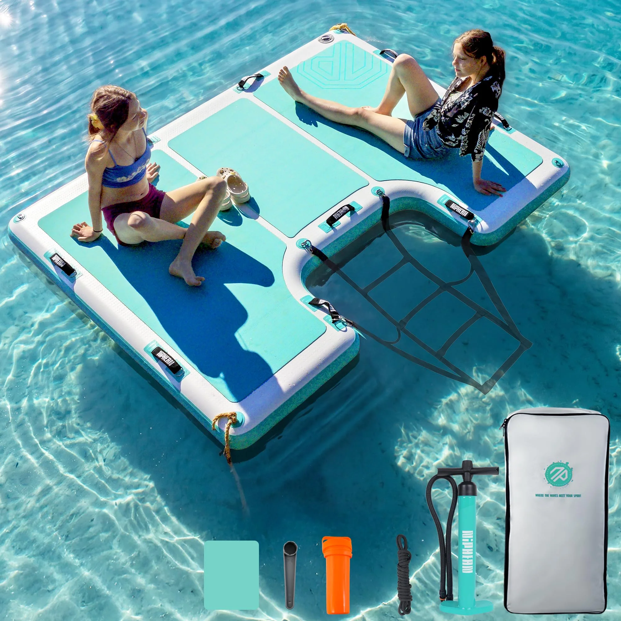 Niphean Schwimmdock Aufblasbar, rutschfeste Schwimminsel Mit Leiter & 9 Griffen, Stabile Aufblasbares Schwimmdock Für Seen, Langlebige Familieninsel, Tragetasche, 243×183/305×243 cm