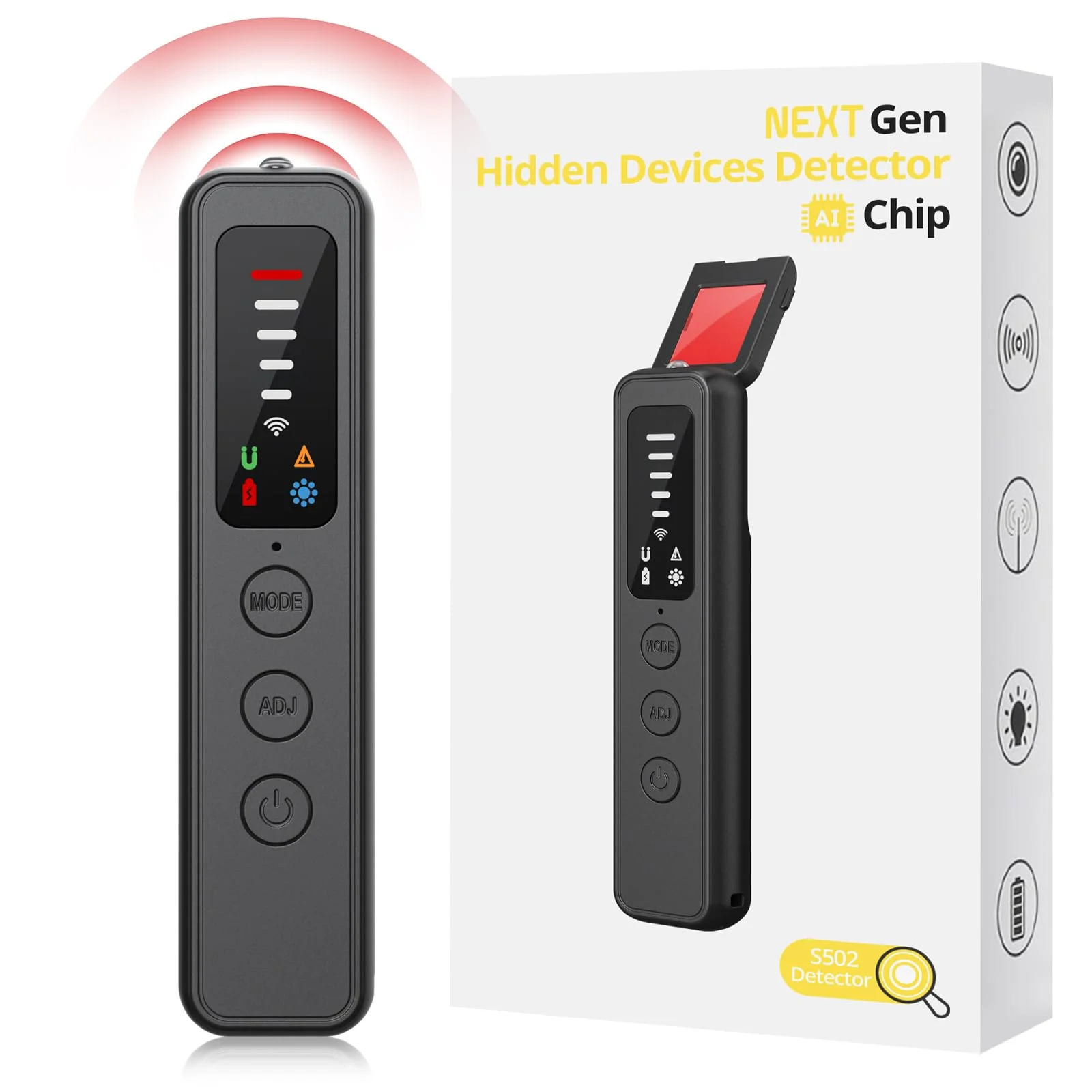 AI 7-in-1 Wanzen Detektor, Versteckte Kamera Detektor, RF Wireless GPS Tracker Finder, Abhörgerätedetektor, Anti-Spy Bug Detektor mit 6 Empfindlichkeitsstufen für Hotel, Heim, Büro, Reisen (Schwarz)