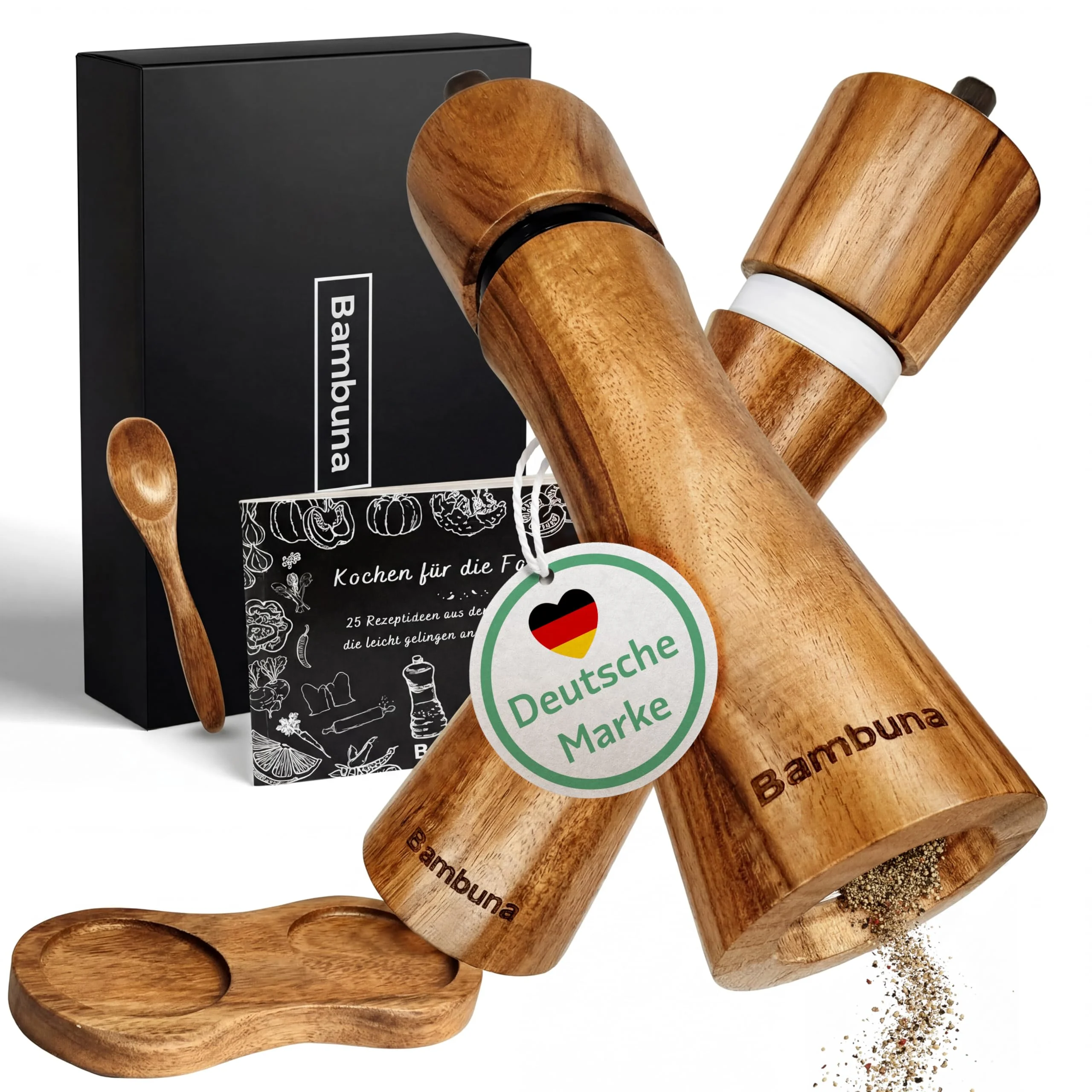 BAMBUNA 2er-Set Gewürzmühlen | Akazienholz | Keramikmahlwerk | einstellbarer Mahlgrad grob bis fein | manuelle Pfeffermühle und Salzmühle mit Edelstahlkern | inkl. Untersetzer, Holzlöffel, Rezeptbuch