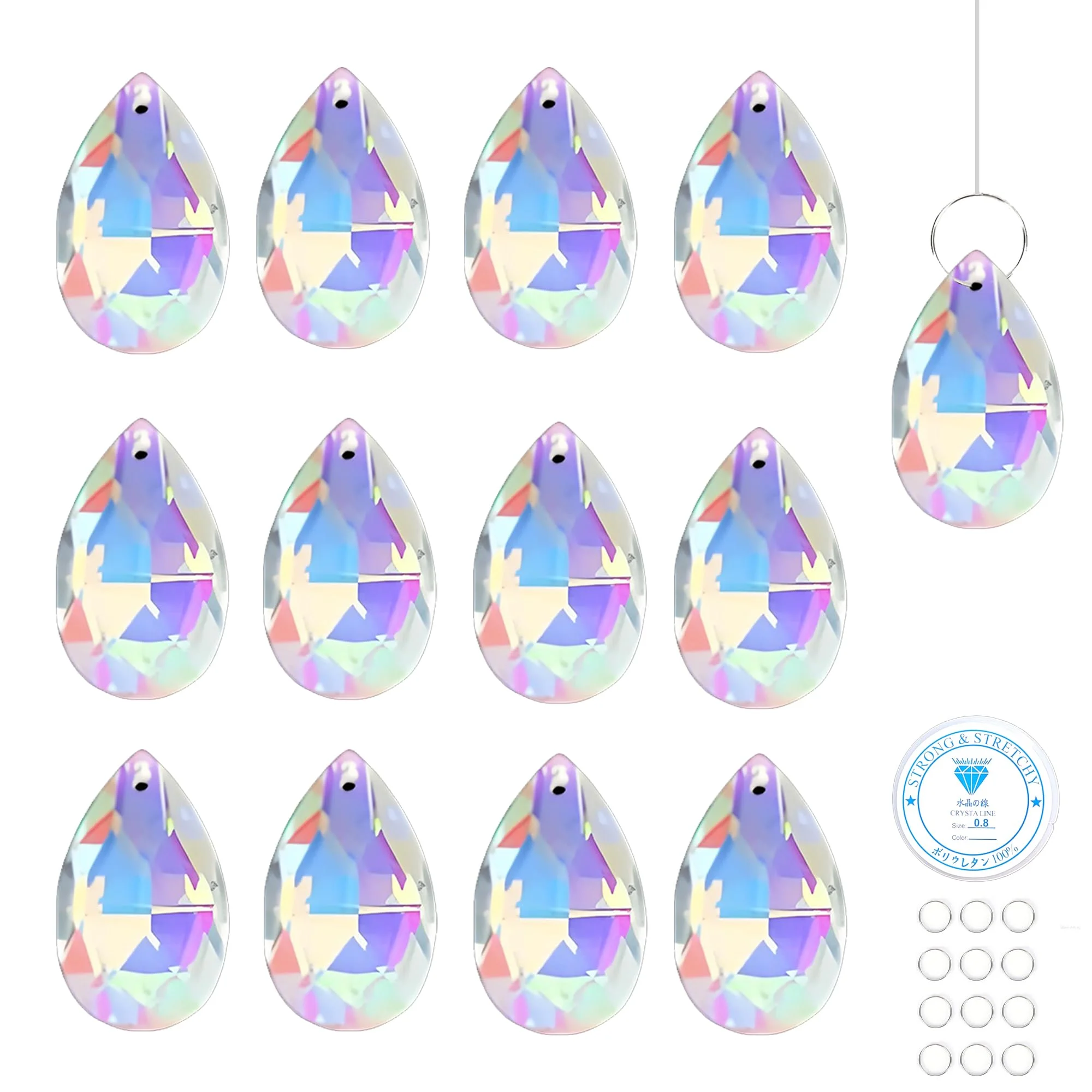 12 Stück Sonnenfänger Kristall, 50mm Suncatcher Kristall, Kristalle zum Aufhängen mit 12 Metallring, Prisma Kristall Tropfen Klare Kristallkugel für Fenster, Kronleuchter, Garten, Hochzeit Dekor