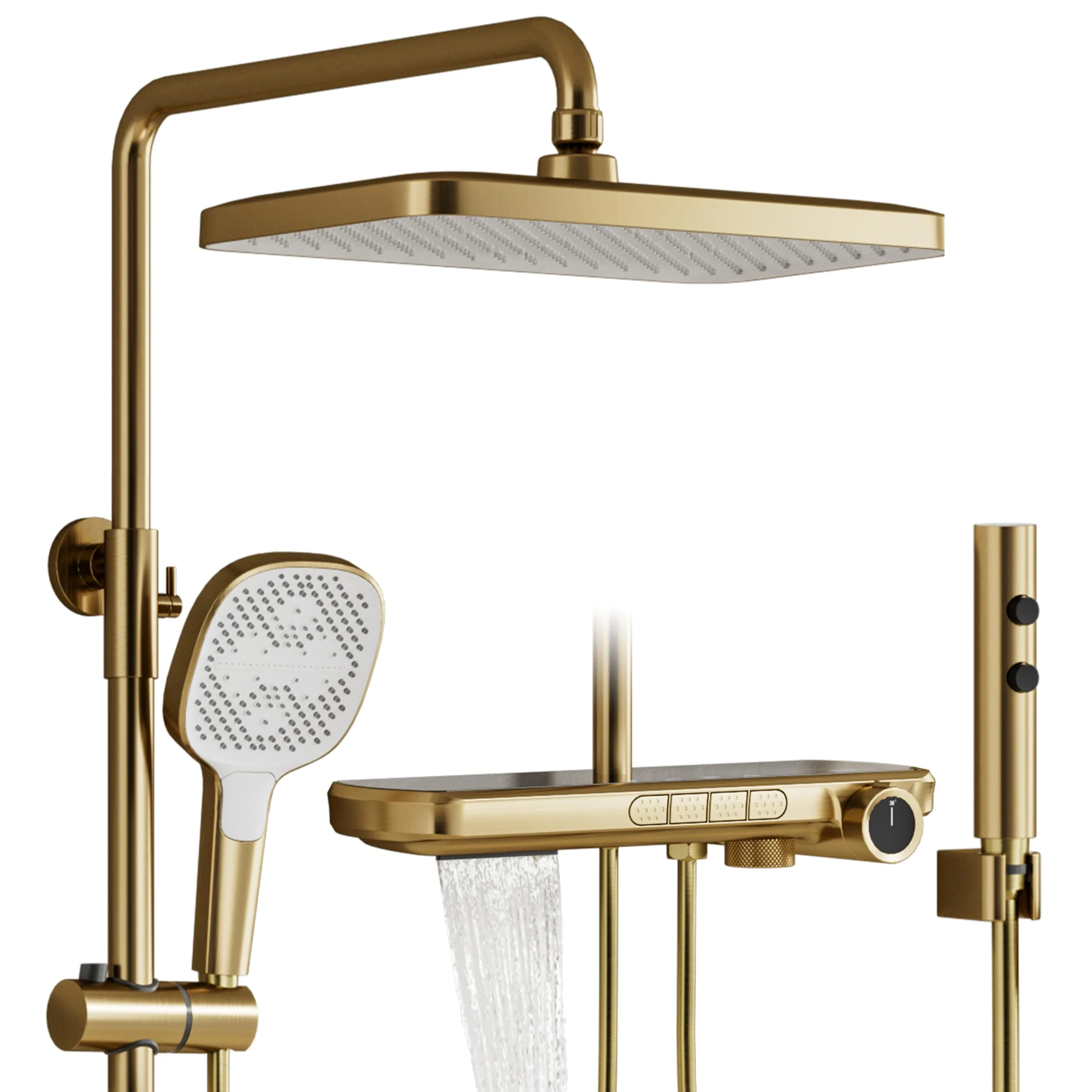 OihPaw Duschsystem Gebürstetes Gold, 4-Funktionen-Duschset mit Thermostat | Ausgestattet mit einer 350 × 220 mm großen Kopfbrause, einer Handbrause, einer Sprühpistole und einem unteren Wasserauslass