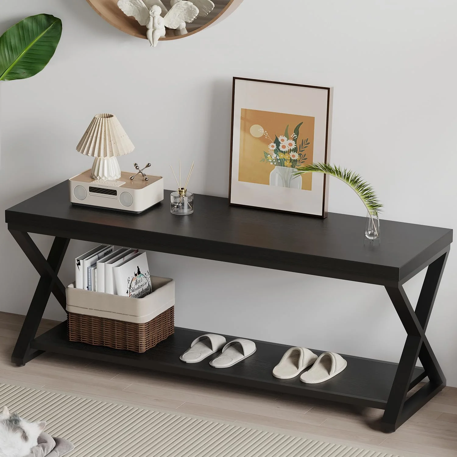 IBF 120 cm Schwarz Moderne Schuhbank Schuhschrank Sitzbank mit Stauraum | Farmhouse Design Holz Metall Sitzbank Schuhbank Schuhschrank Stauraum Sitzfläche Flur Wohnzimmer Schlafzimmer Esszimmer