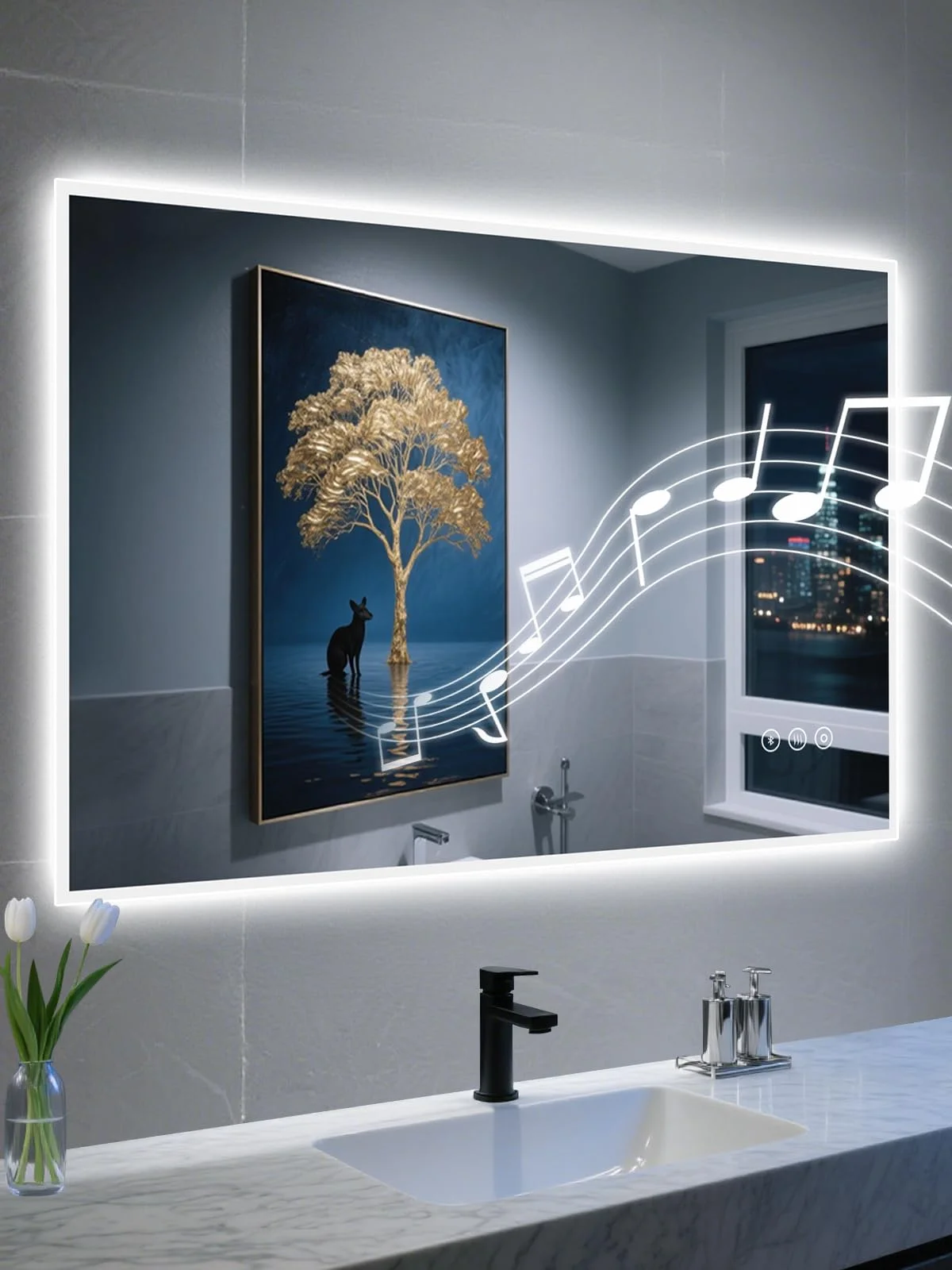 Habison 60x90cm Badezimmerspiegel Mit Licht Mit Bluetooth, Badspiegel Mit Beleuchtung mit Defogger, Dimmbar, 3 Lichtfarben, Speicherfunktion