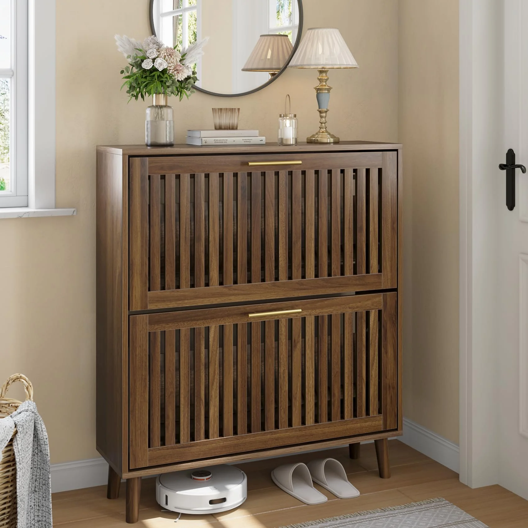 Smart FENDEE Schuhschrank Bauernhausstil, schmaler freistehender Schuh-Organizer mit 2 klappbaren Latten-Schubladen (Slatted), goldene Griffe, versteckter Eingangsbereich für Flur, Walnuss 80B cm