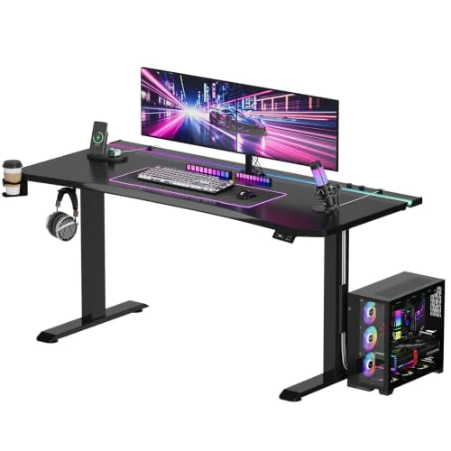 Devoko Höhenverstellbarer Schreibtisch,160x70cm Gaming Schreibtisch mit 20 mm Dicker hautfreundlicher Tischplatte,Dual-Motor Leiser Stehschreibtisch mit LED Lichtleiste & Kabelmanagement