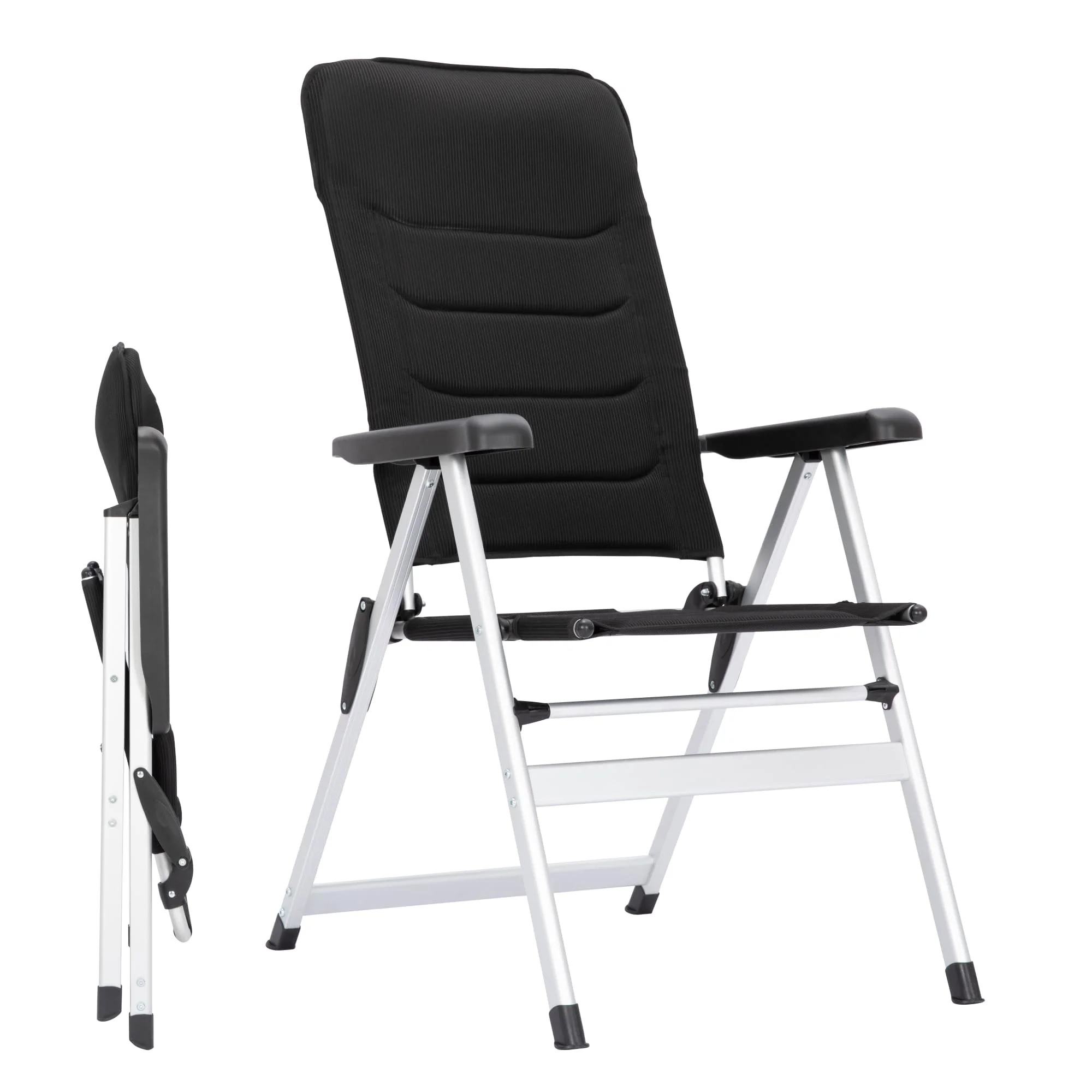 LET'S CAMP Gartenstühle Hochlehner Aluminium Gartenstuhl Klappbar | Belastbar 125 KG, Luxus Klappbar Klappstuhl, Campingstuhl Balkonstuhl 7-Fach Verstellbar Alu mit hoher Rückenlehne, Schwarz