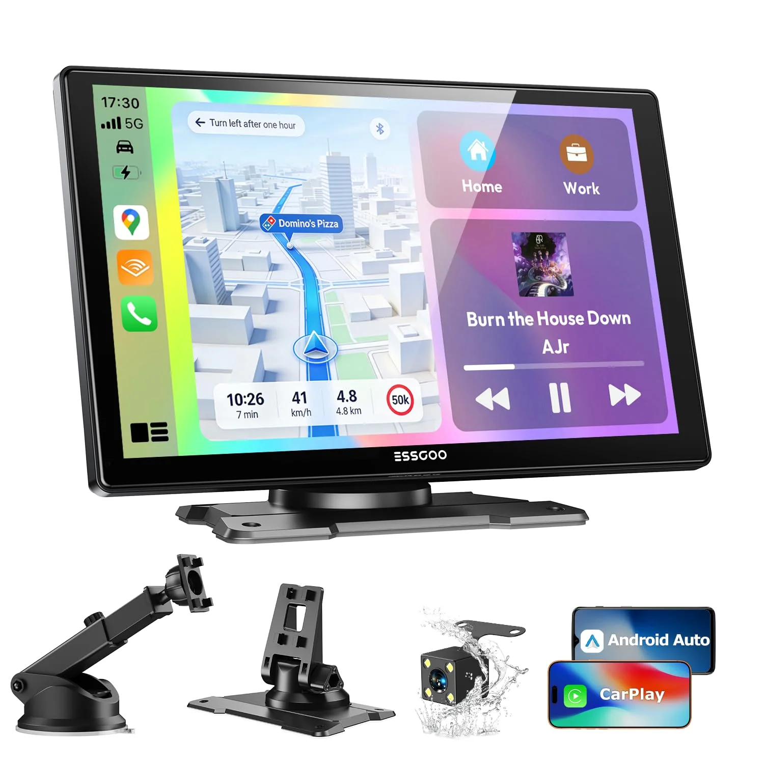 ESSGOO 9 Zoll Carplay Android Auto Display mit 1080P Rückfahrkamera | Apple CarPlay Bildschirm für AirPlay/Mirror Link,IPS Touchscreen,GPS Navigation,Bluetooth 5.3,AUX,Sprachassistent,Autoradio