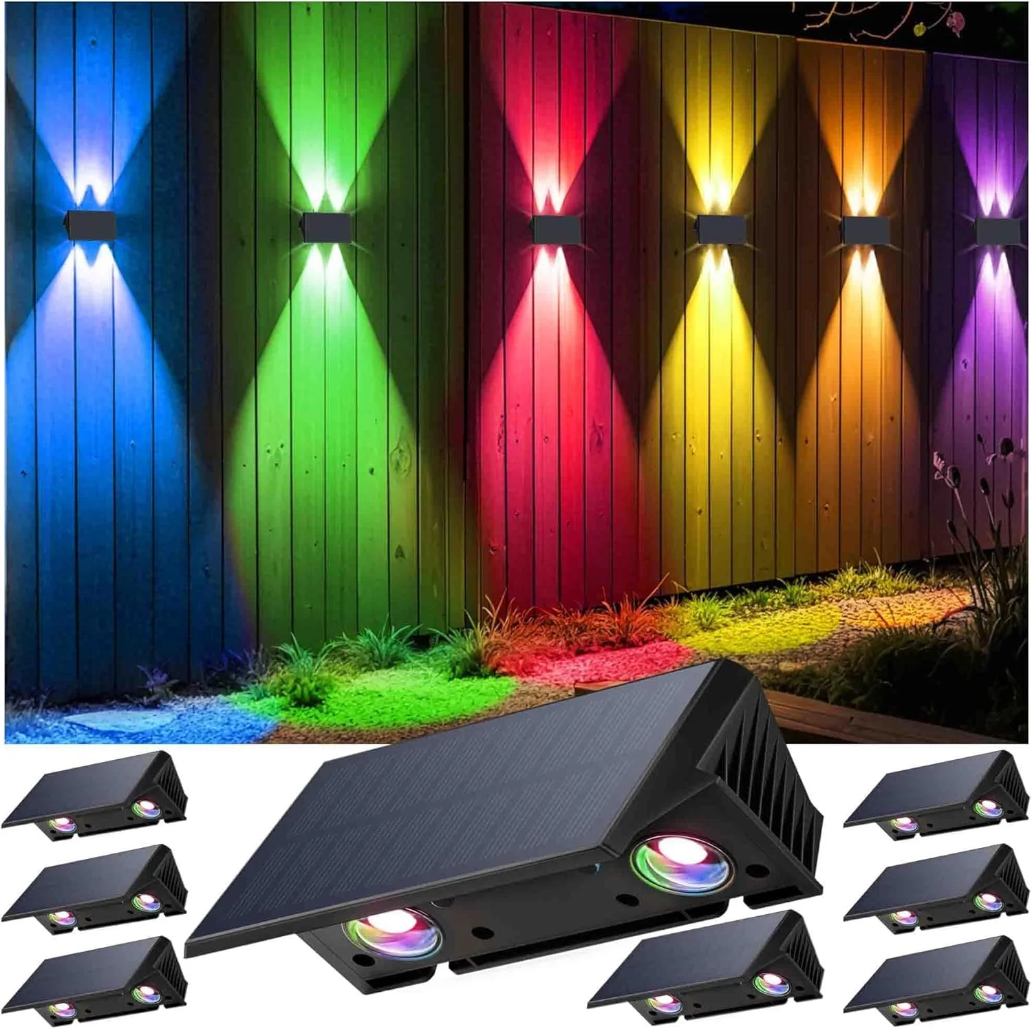 IIRARA Solar Wandleuchte Aussen, Solarlampen für Außen Nach Oben und Unten Beleuchtet, 4 LEDs, Wasserdichte Außenwandleuchten für Garten Balkon Terrasse Treppen Wandleuchten Warm RGB 8er