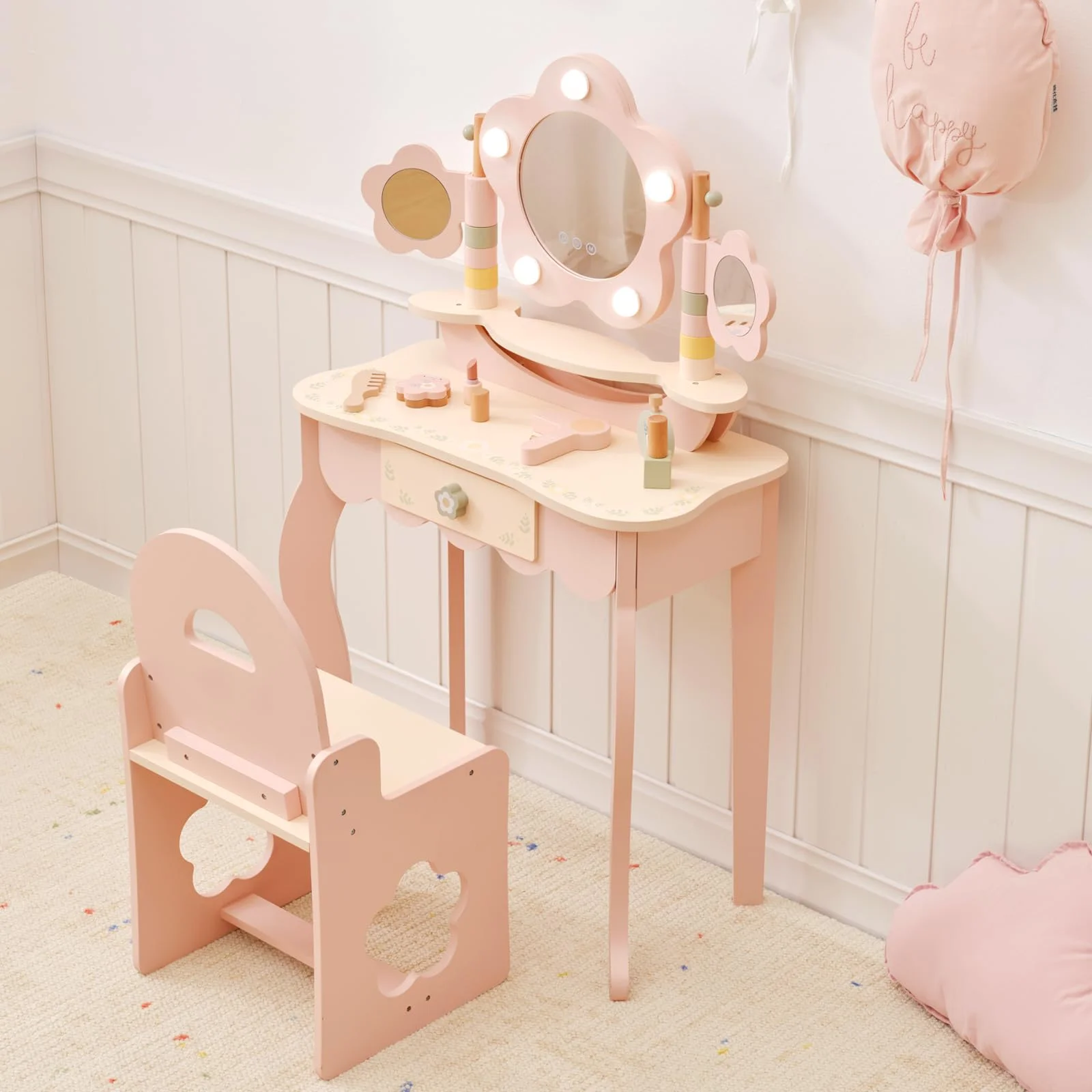 OOOK Schminktisch Kinder mit LED-Beleuchtung, Rosa Kinder Schminktisch mit Hocker und Spiegel, Frisiertisch aus Holz, Schminkkommode für Mädchen ab 3 Jahre
