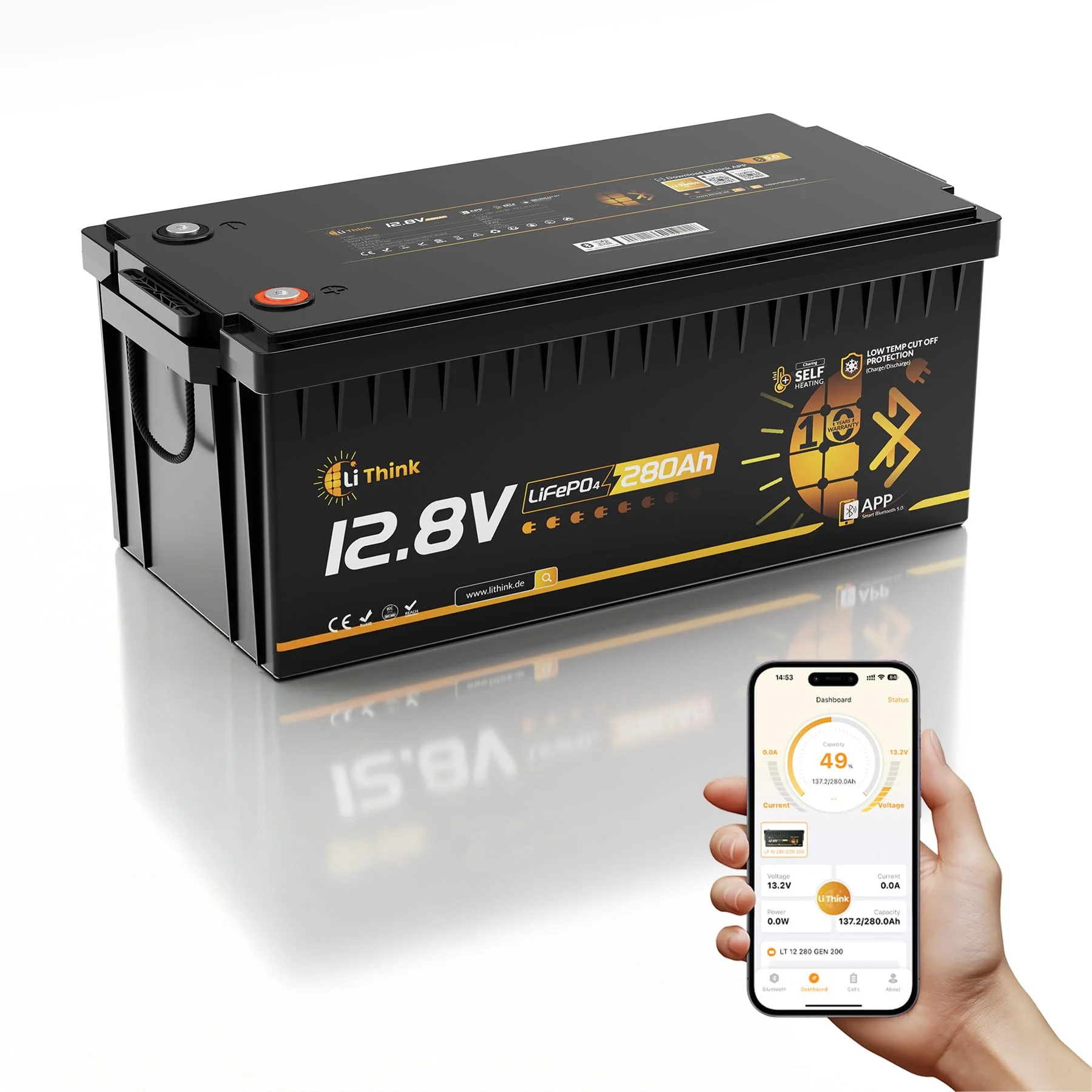 LiFePO4 12V 280Ah Pro Batterie mit EVE-Zellen LF280K-V3, Lithium Batterie mit Bluetooth, 200A BMS, LTP und Selbstwärmend, Max. 20000 Zyklens, 3584Wh für Wohnmobil,Boot,Solarpanel,CB/IEC 62619