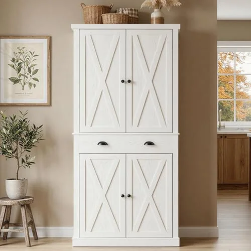 IRONCK Tall Kitchen Cabinet with Drawers 40 x 77.5 x 184.5 cm White | Storage cabinet with double doors, drawer, 3 adjustable shelves for living room, kitchen