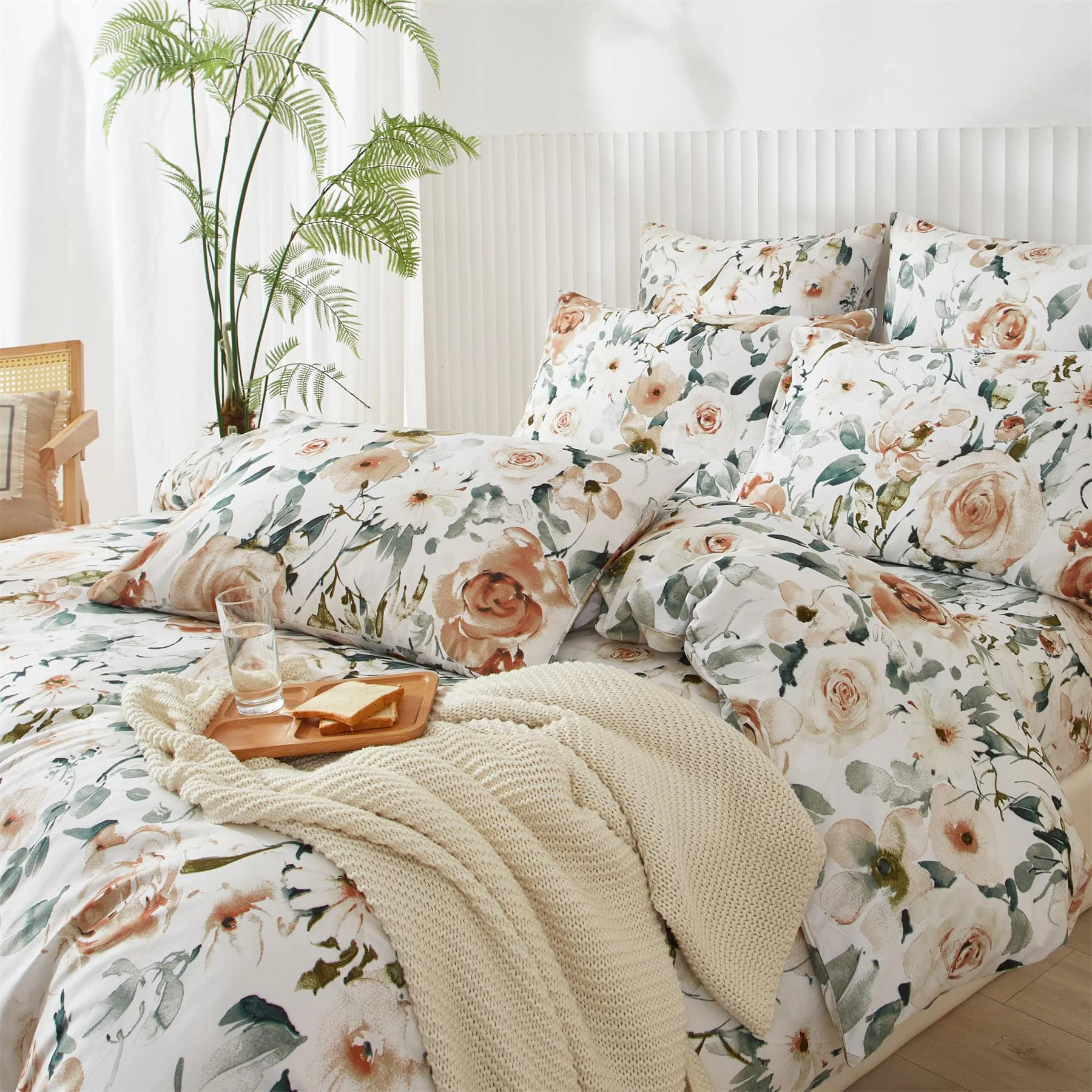 YASMENG Bettwäsche Blumen 200x200 Floral Motiv Rosa Grün Weiß Bettwäsche Aesthetic Blumen Weich Kuschelig Mikrofaser Bettbezug Set 3 Teilig mit Reißverschluss und 2 Kissenbezüge 80x80 cm