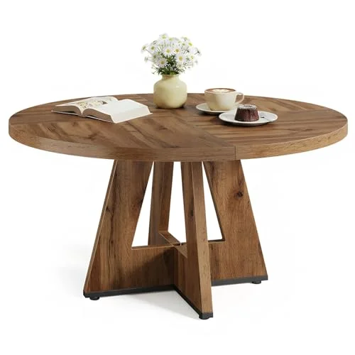 LITTLE TREE Round Dining Table 120 cm, Dining Room Table with Wooden Base for 4-6 People, Small Kitchen Table in Minimalist Design, for Living Room, Balcony, Dining Room, Light Brown