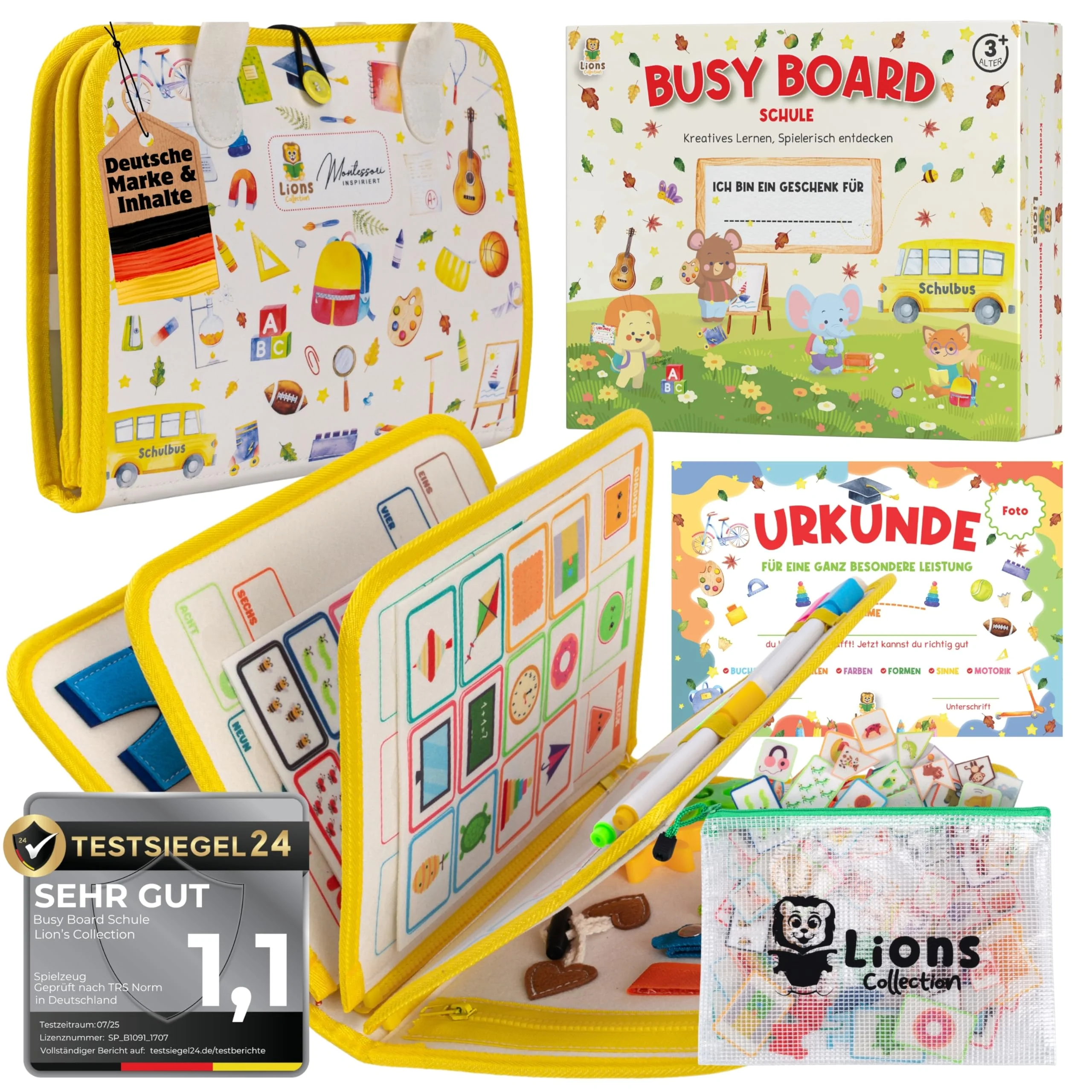 Lion’s Collection Montessori Busy Board Deutsch ab 3 Jahre – Busy Book & Activity Board für Kinder – Motorikbuch & Lernbuch – Reisespielzeug für Auto, Zug & Flugzeug