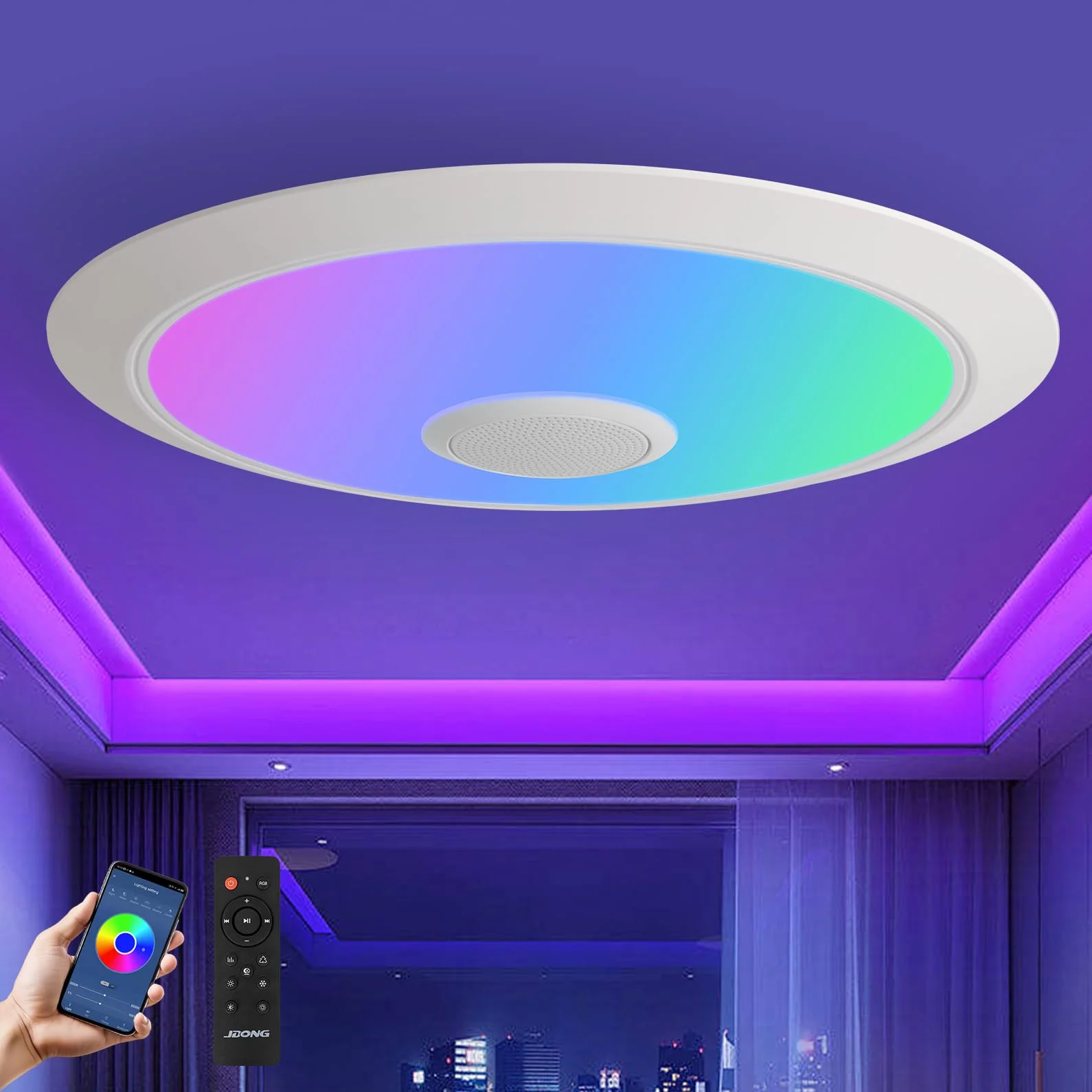 JDONG RGB Deckenlampe Led Deckenleuchte Dimmbar 72W Bluetooth Lautsprecher | Farbwechsel Deckenleuchte Musik Lampe mit bluetooth lautsprecher für Kinderzimmer Junge Schlafzimmer Bad Wohnzimmer Ø60CM
