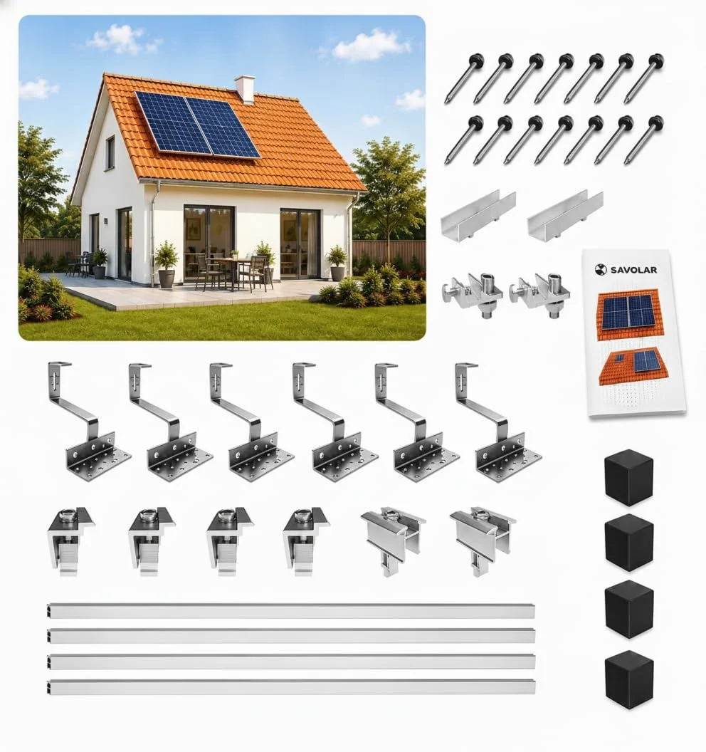 SAVOLAR Solarmodul Halterung Ziegeldach Montageset für 2 Paneele – Edelstahl-Dachhaken und Aluminium-Profile, kompatibel mit 30-40 mm dicke Solarmodulen auf Schrägdächern, ‎‎0% MwSt.